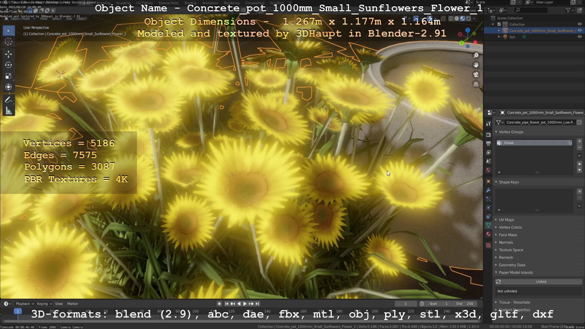 Concrete Pipe Pot 1000mm with Small Sunflowers Version 1 Low-poly 3D model_11