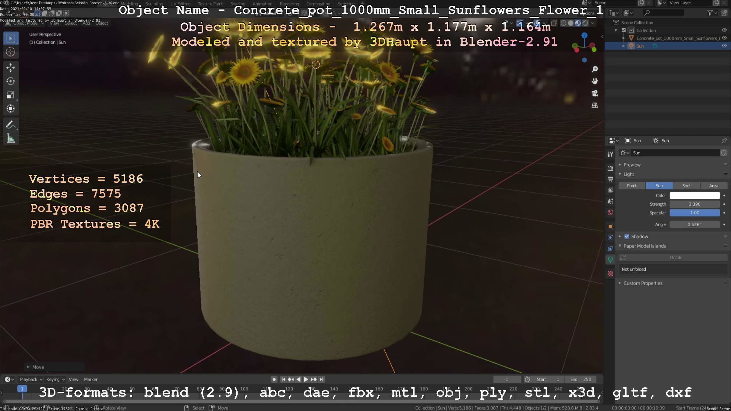 Concrete Pipe Pot 1000mm with Small Sunflowers Version 1 Low-poly 3D model_91