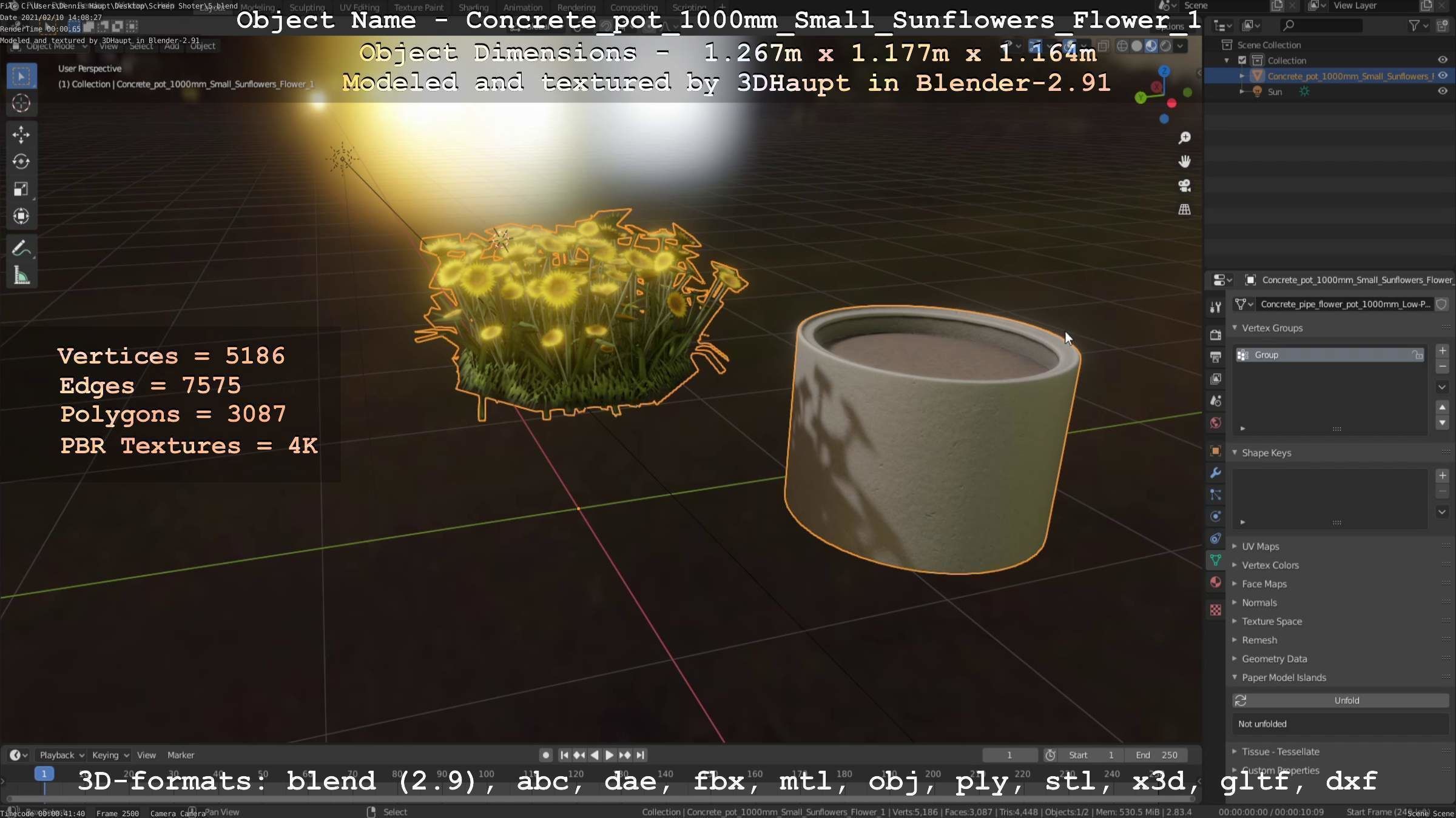 Concrete Pipe Pot 1000mm with Small Sunflowers Version 1 Low-poly 3D model_6