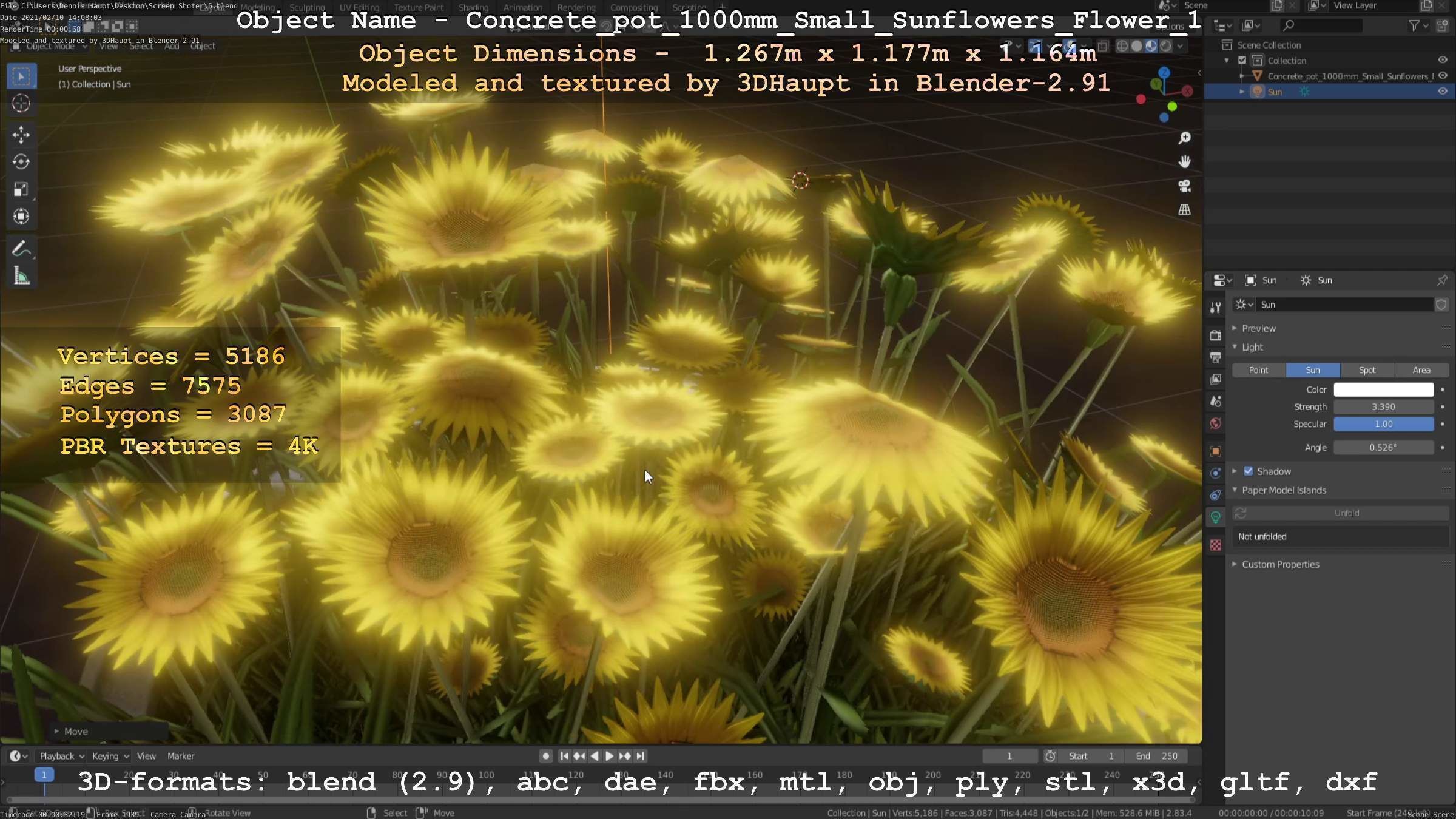 Concrete Pipe Pot 1000mm with Small Sunflowers Version 1 Low-poly 3D model_37