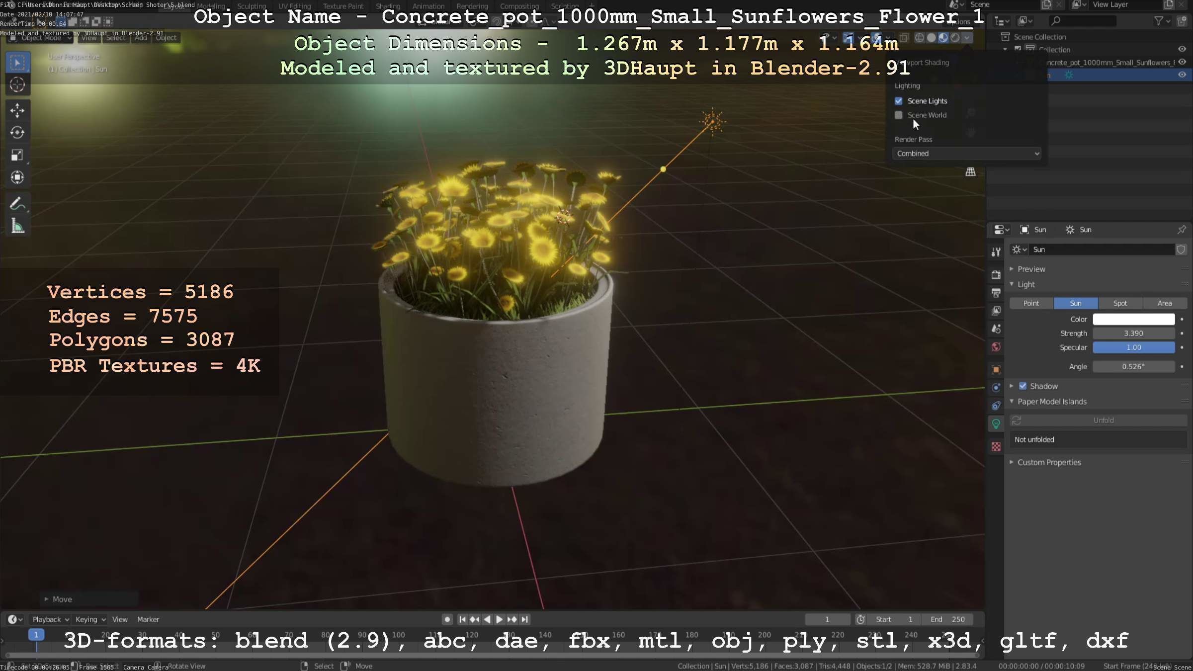 Concrete Pipe Pot 1000mm with Small Sunflowers Version 1 Low-poly 3D model_90