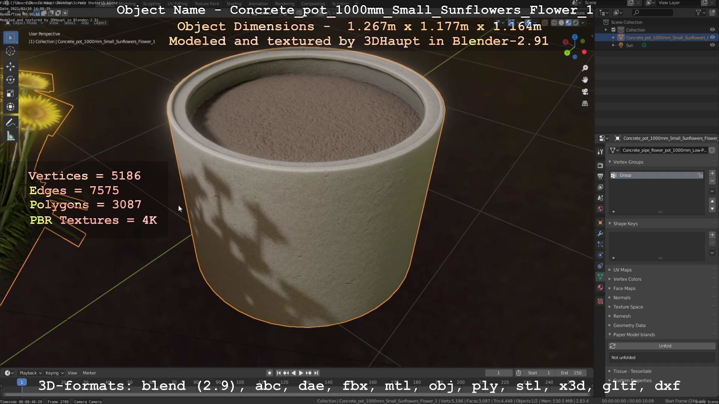 Concrete Pipe Pot 1000mm with Small Sunflowers Version 1 Low-poly 3D model_60