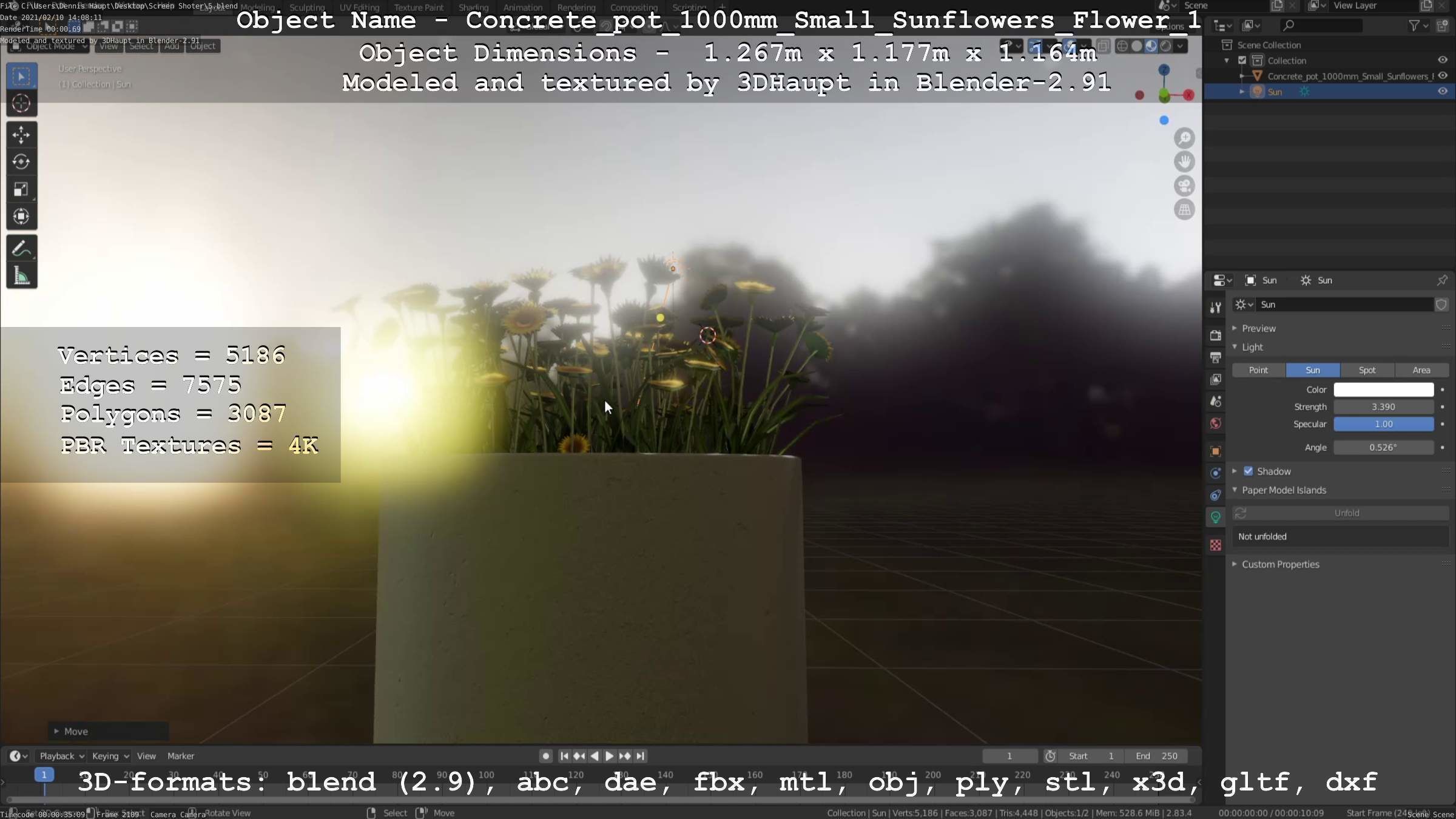 Concrete Pipe Pot 1000mm with Small Sunflowers Version 1 Low-poly 3D model_43