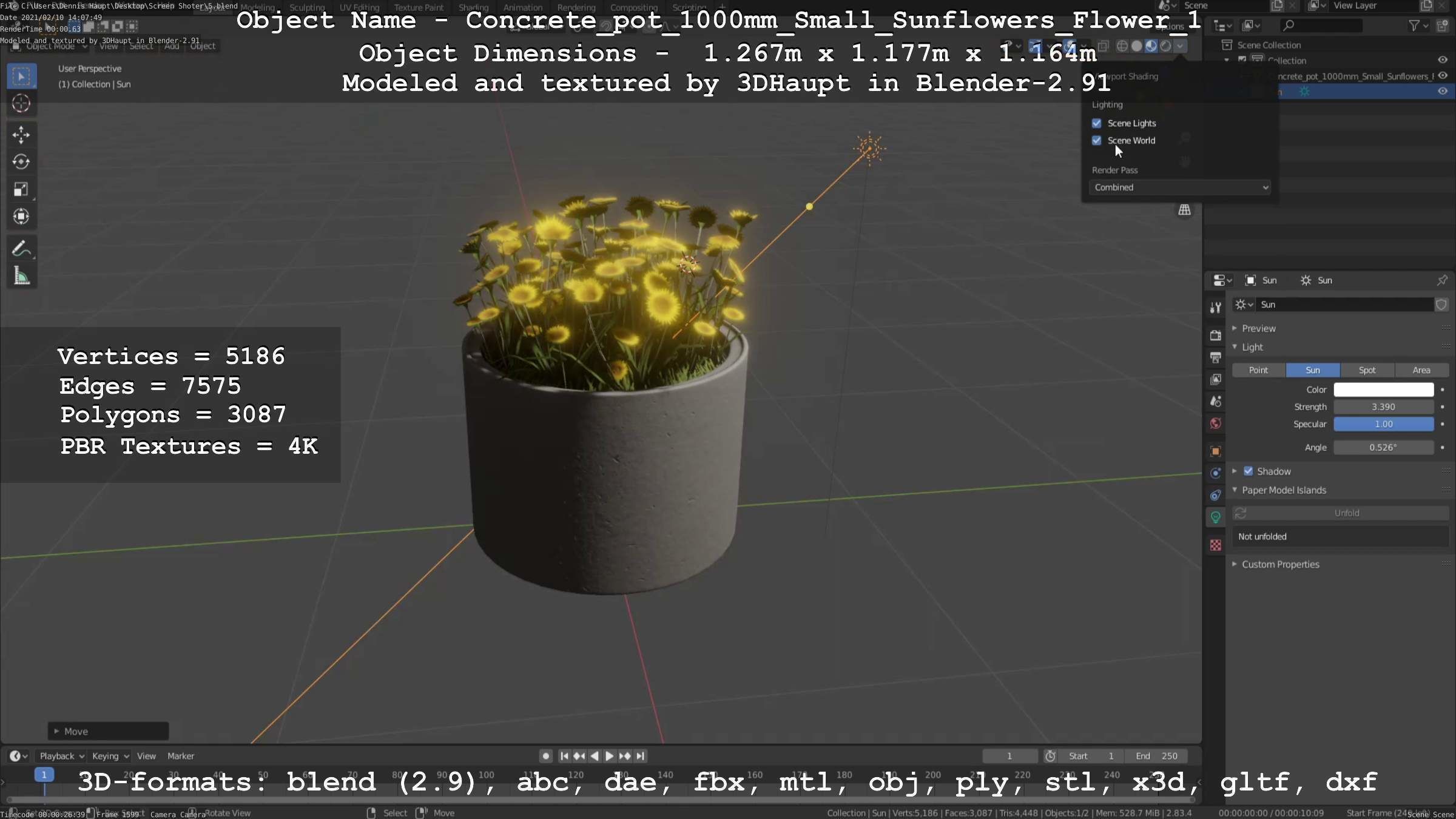 Concrete Pipe Pot 1000mm with Small Sunflowers Version 1 Low-poly 3D model_94