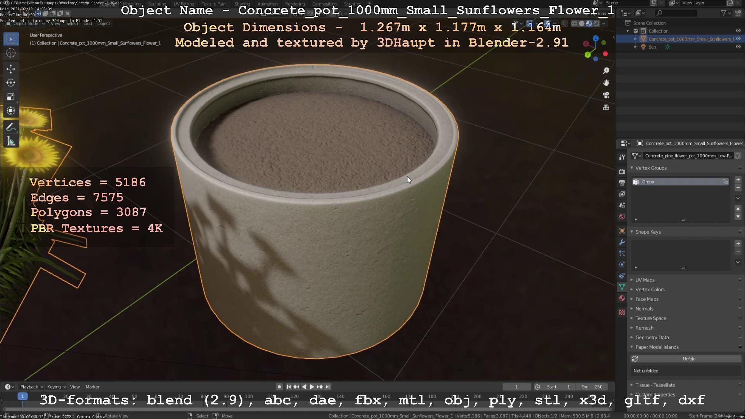 Concrete Pipe Pot 1000mm with Small Sunflowers Version 1 Low-poly 3D model_59
