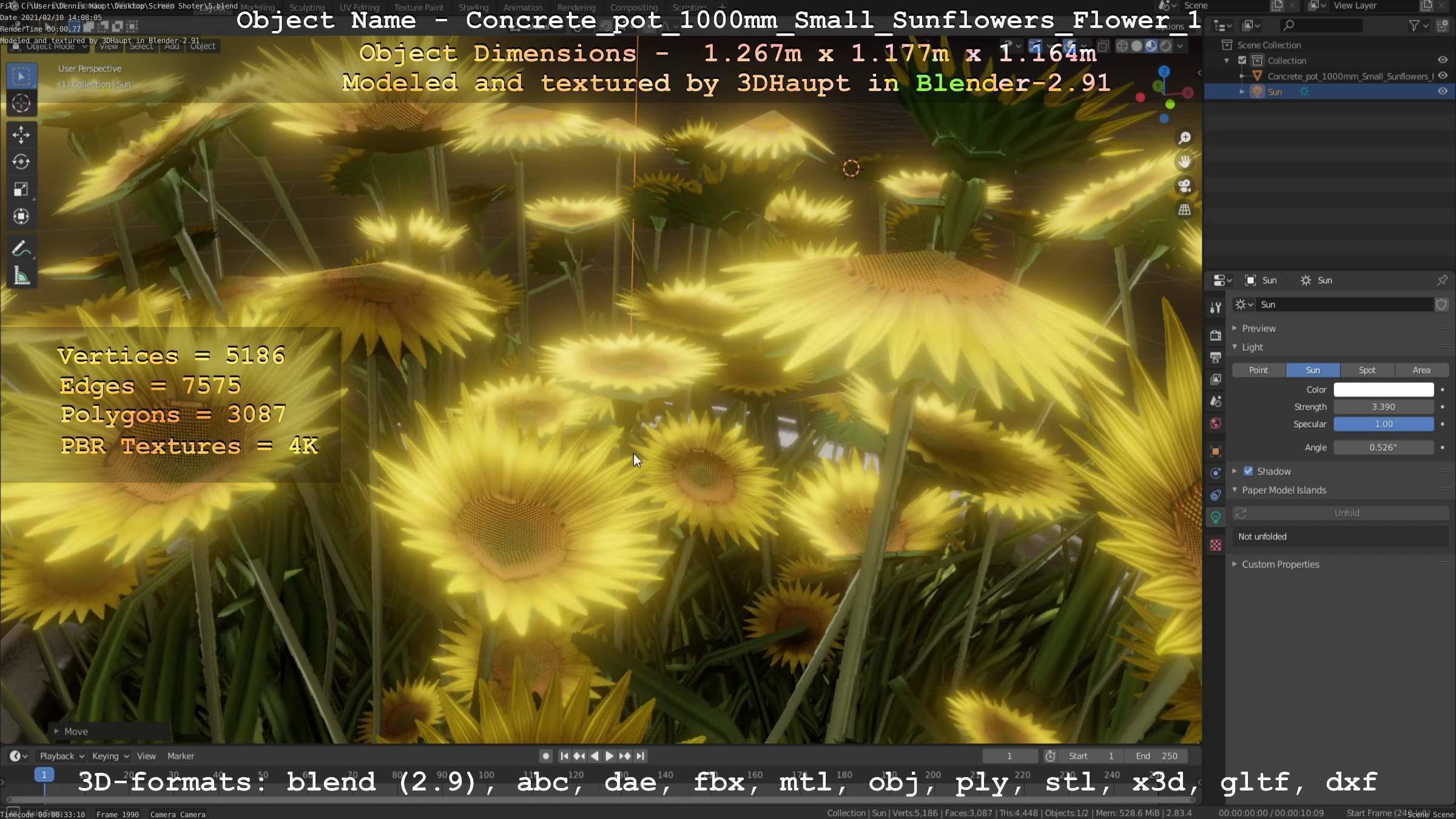 Concrete Pipe Pot 1000mm with Small Sunflowers Version 1 Low-poly 3D model_39