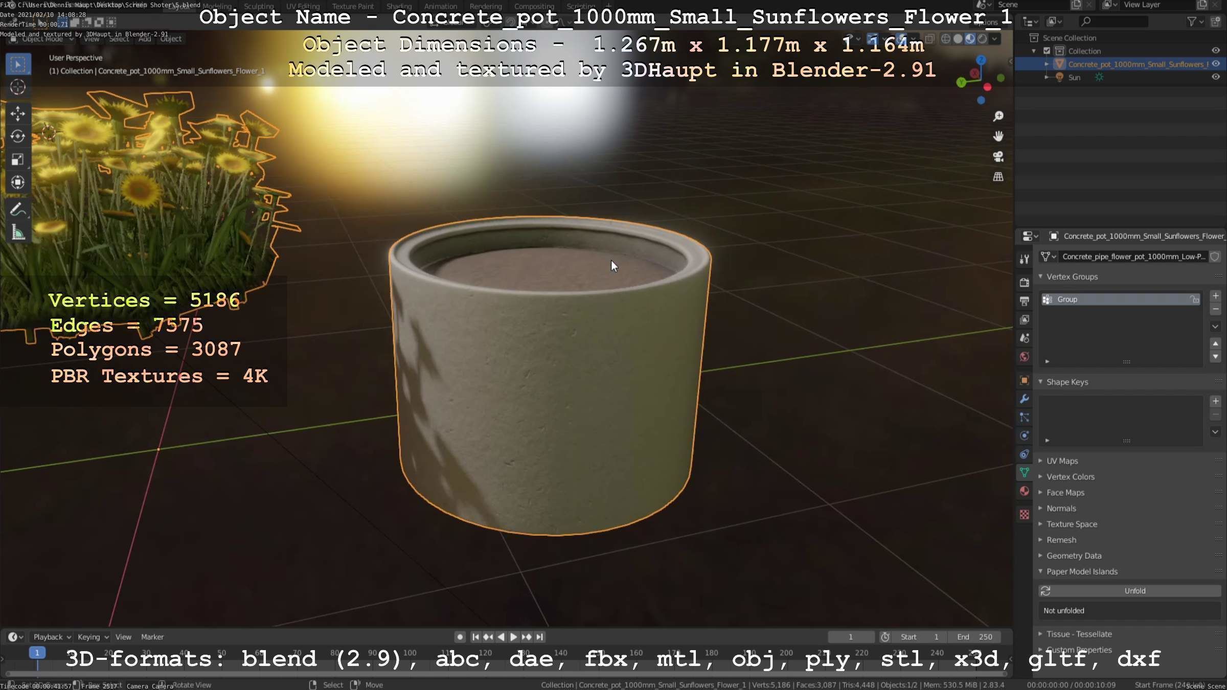 Concrete Pipe Pot 1000mm with Small Sunflowers Version 1 Low-poly 3D model_7