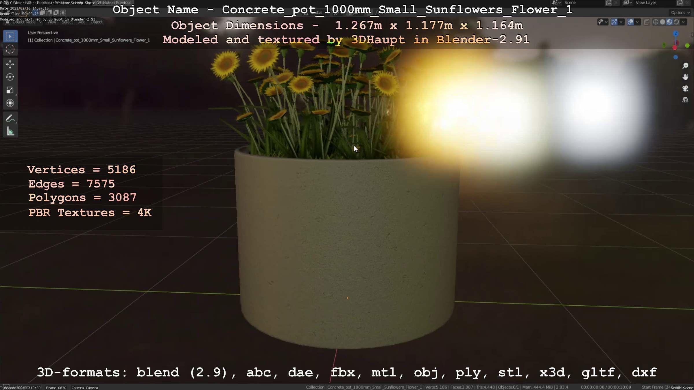 Concrete Pipe Pot 1000mm with Small Sunflowers Version 1 Low-poly 3D model_21