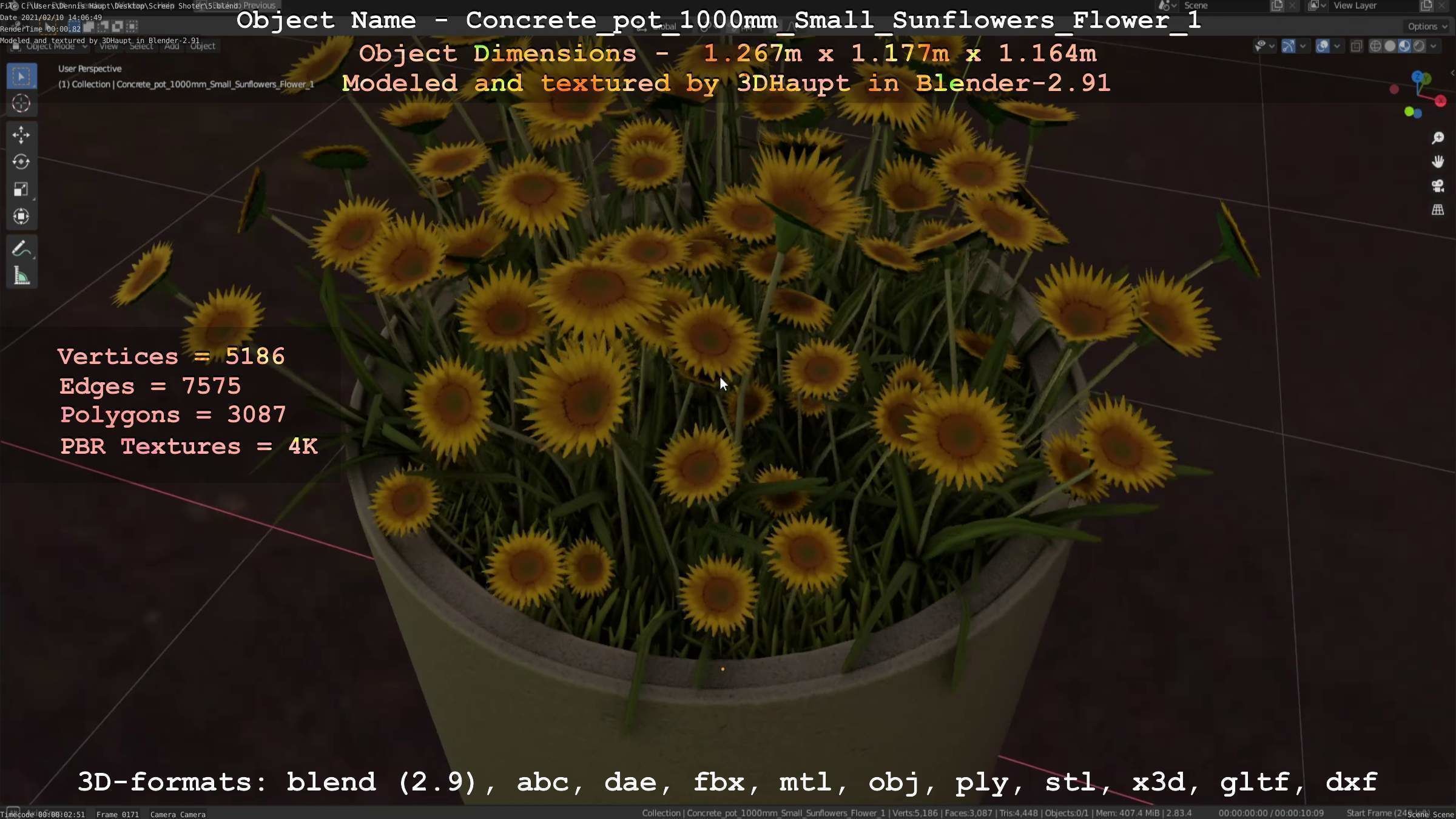 Concrete Pipe Pot 1000mm with Small Sunflowers Version 1 Low-poly 3D model_18