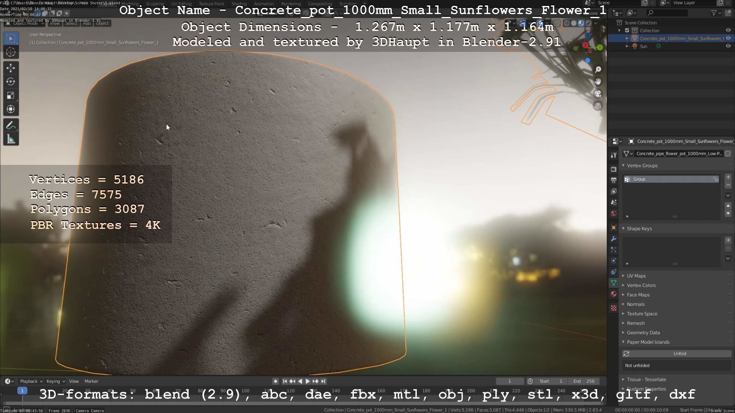 Concrete Pipe Pot 1000mm with Small Sunflowers Version 1 Low-poly 3D model_10