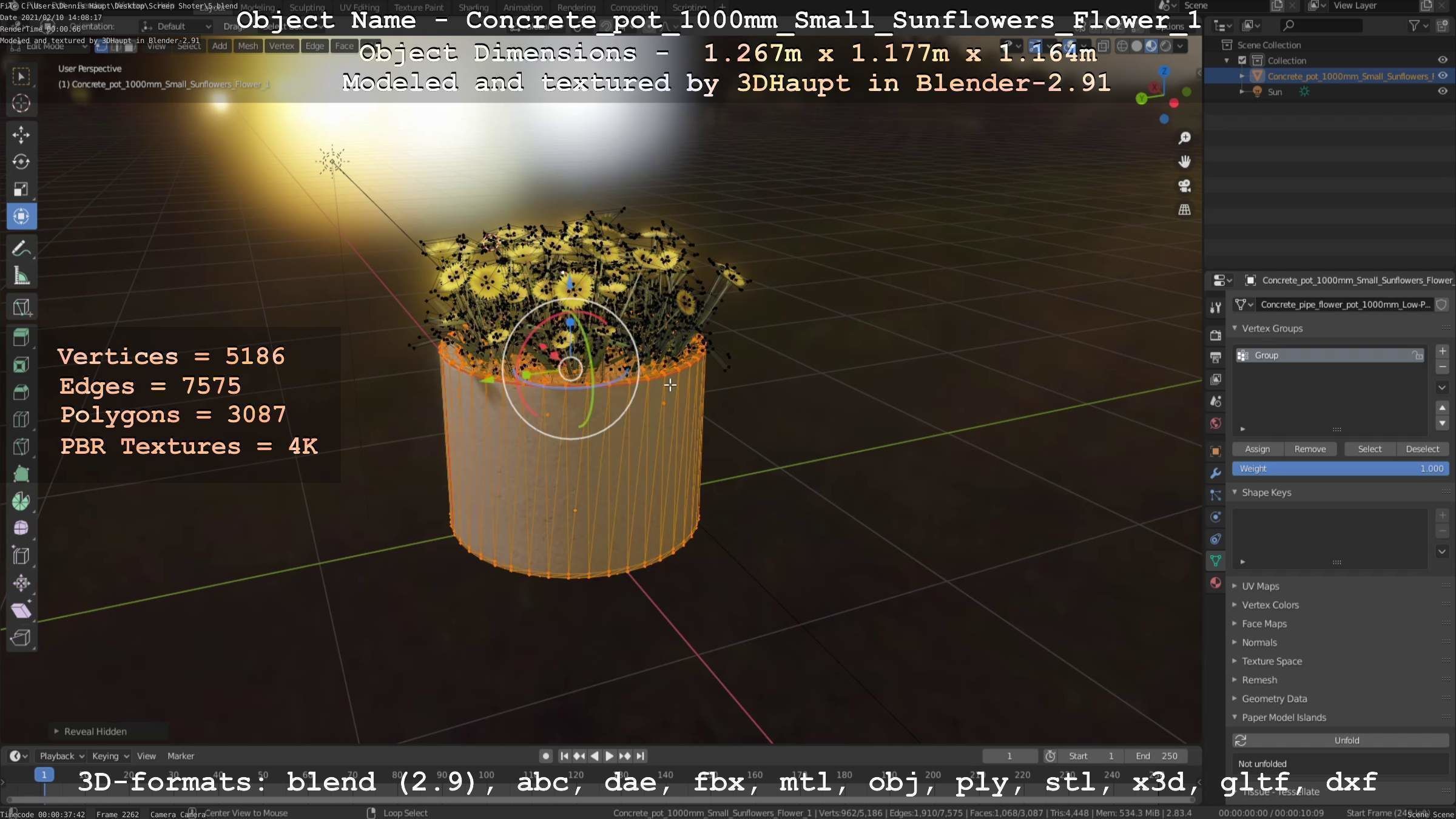 Concrete Pipe Pot 1000mm with Small Sunflowers Version 1 Low-poly 3D model_52