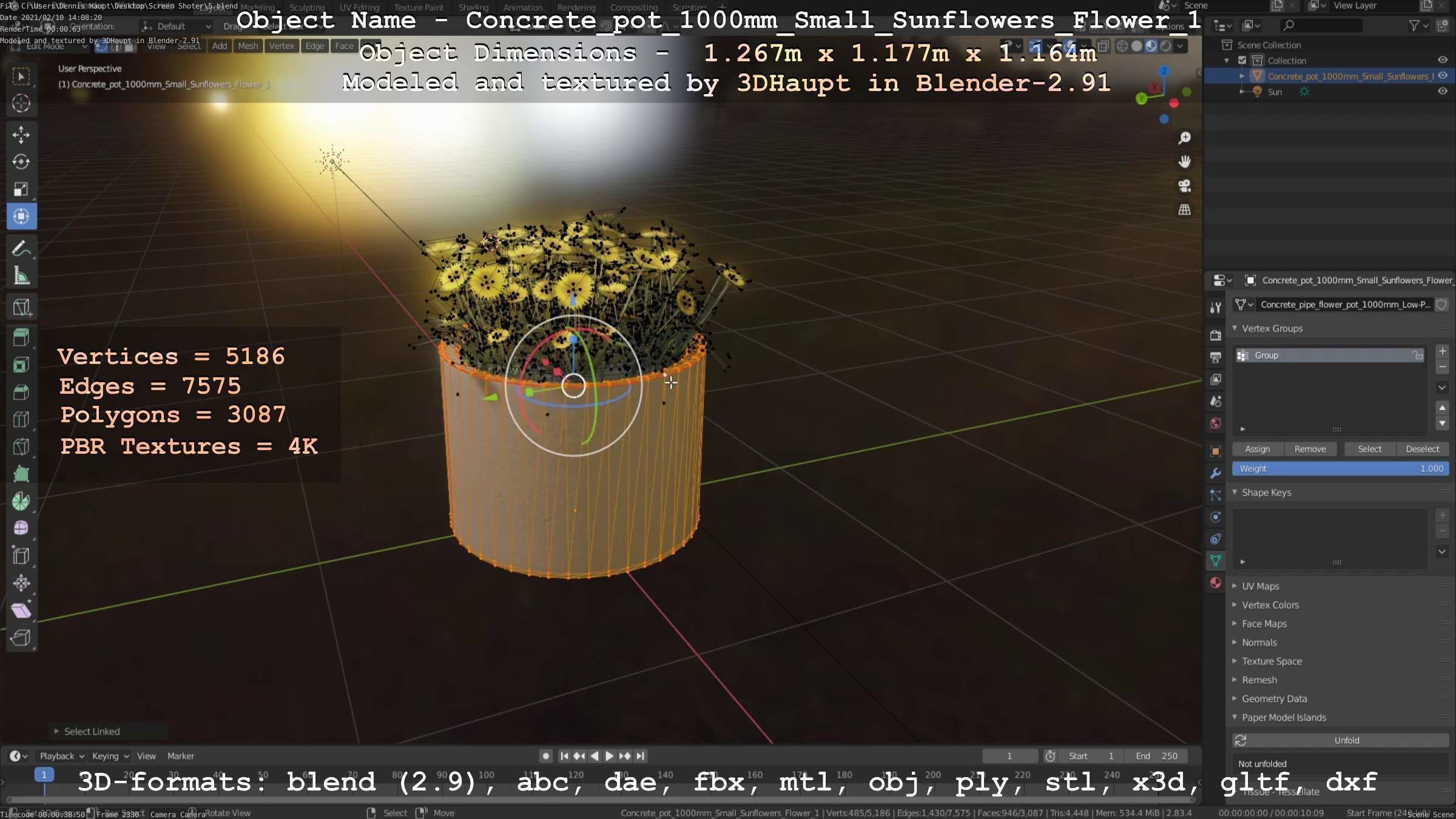Concrete Pipe Pot 1000mm with Small Sunflowers Version 1 Low-poly 3D model_56