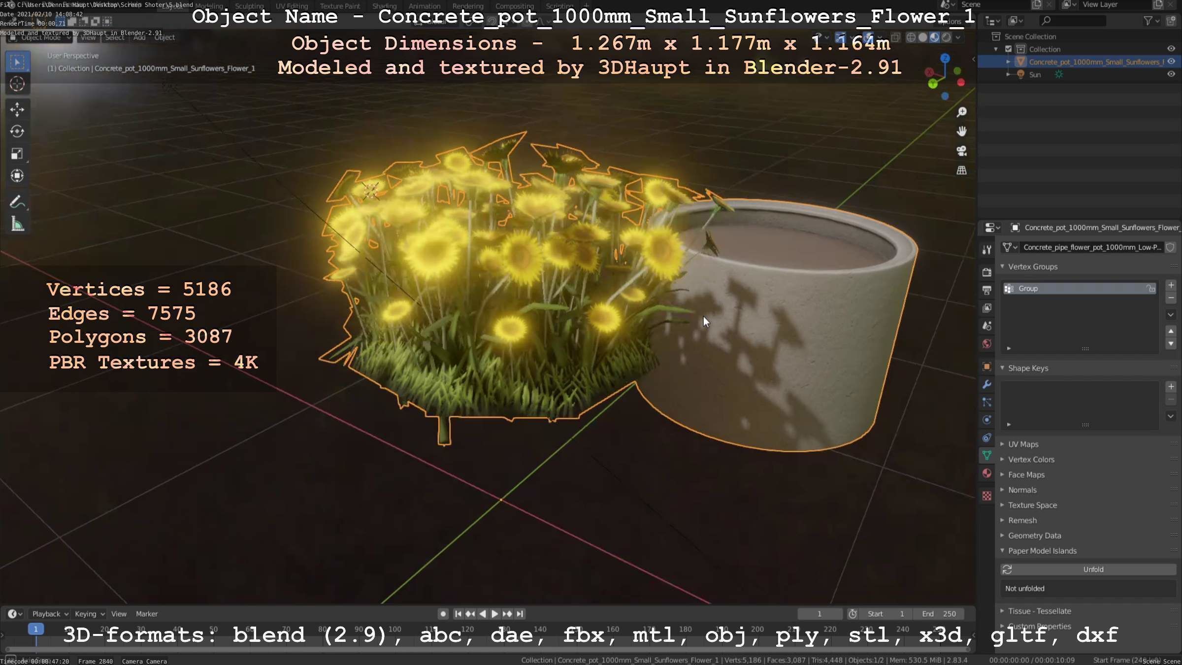 Concrete Pipe Pot 1000mm with Small Sunflowers Version 1 Low-poly 3D model_12