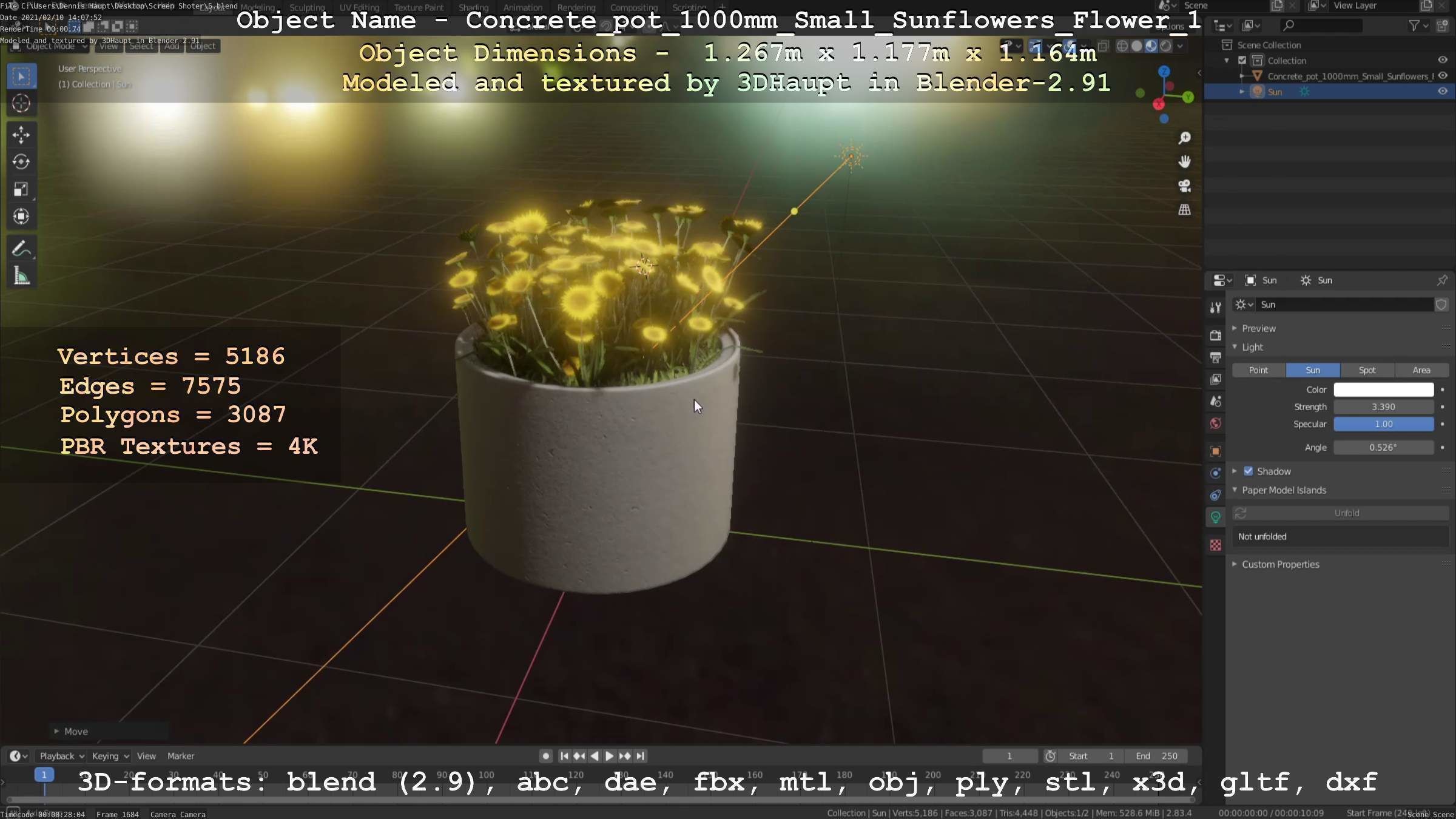 Concrete Pipe Pot 1000mm with Small Sunflowers Version 1 Low-poly 3D model_62