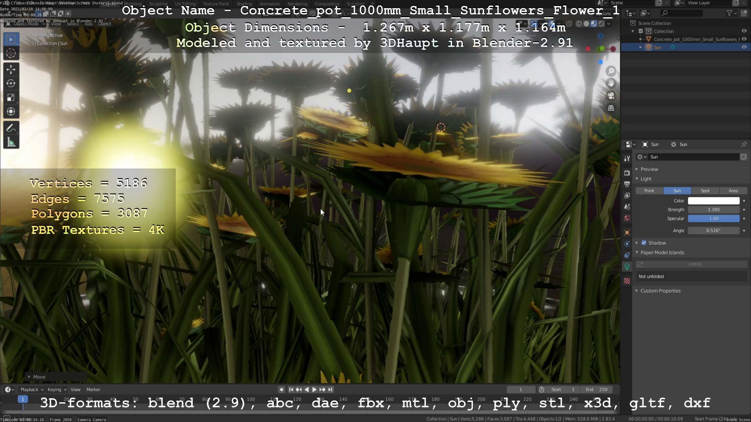 Concrete Pipe Pot 1000mm with Small Sunflowers Version 1 Low-poly 3D model_41