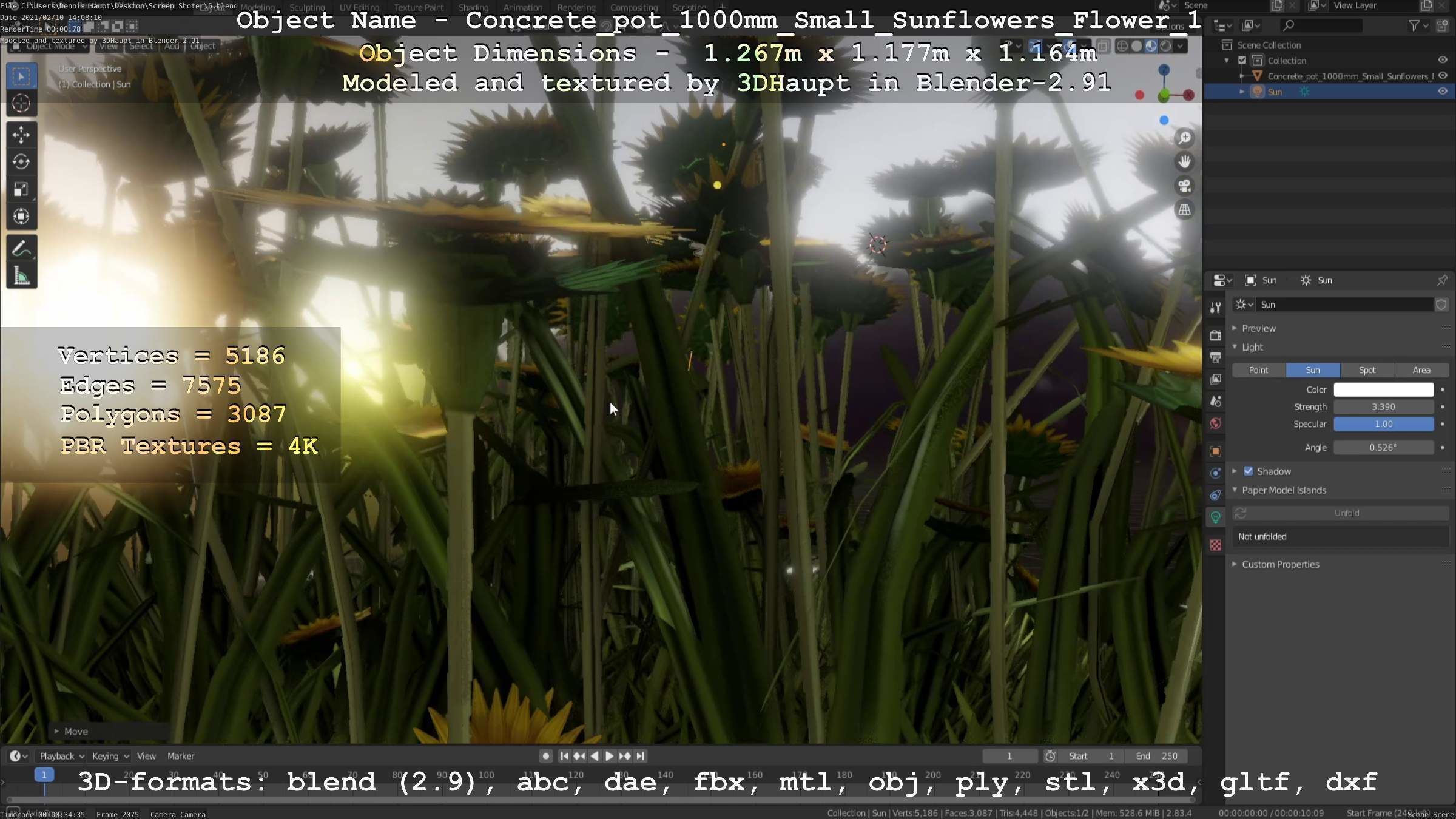 Concrete Pipe Pot 1000mm with Small Sunflowers Version 1 Low-poly 3D model_42