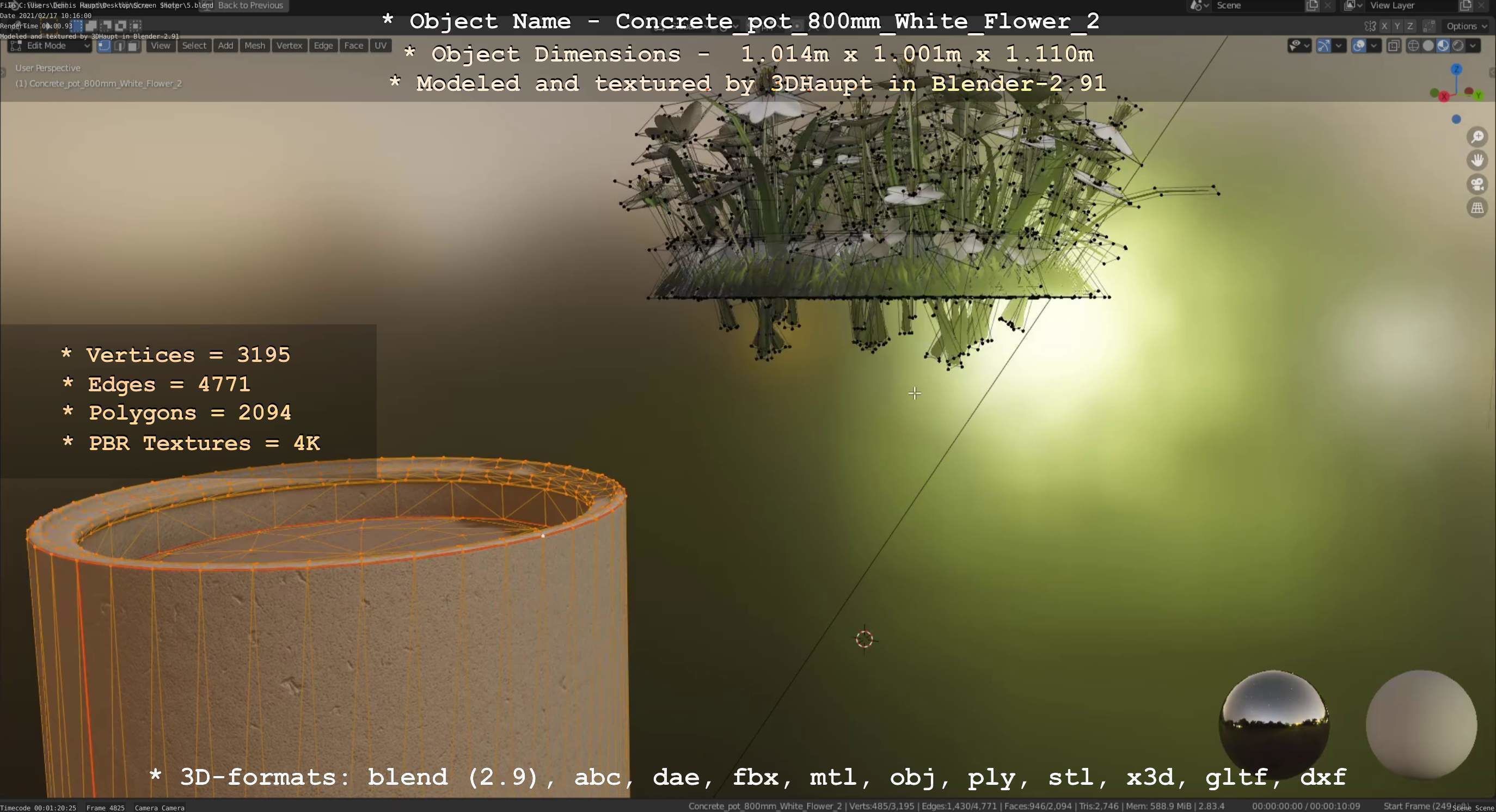 Concrete Pipe Pot 800mm with White Version 2 Low-poly 3D model_26