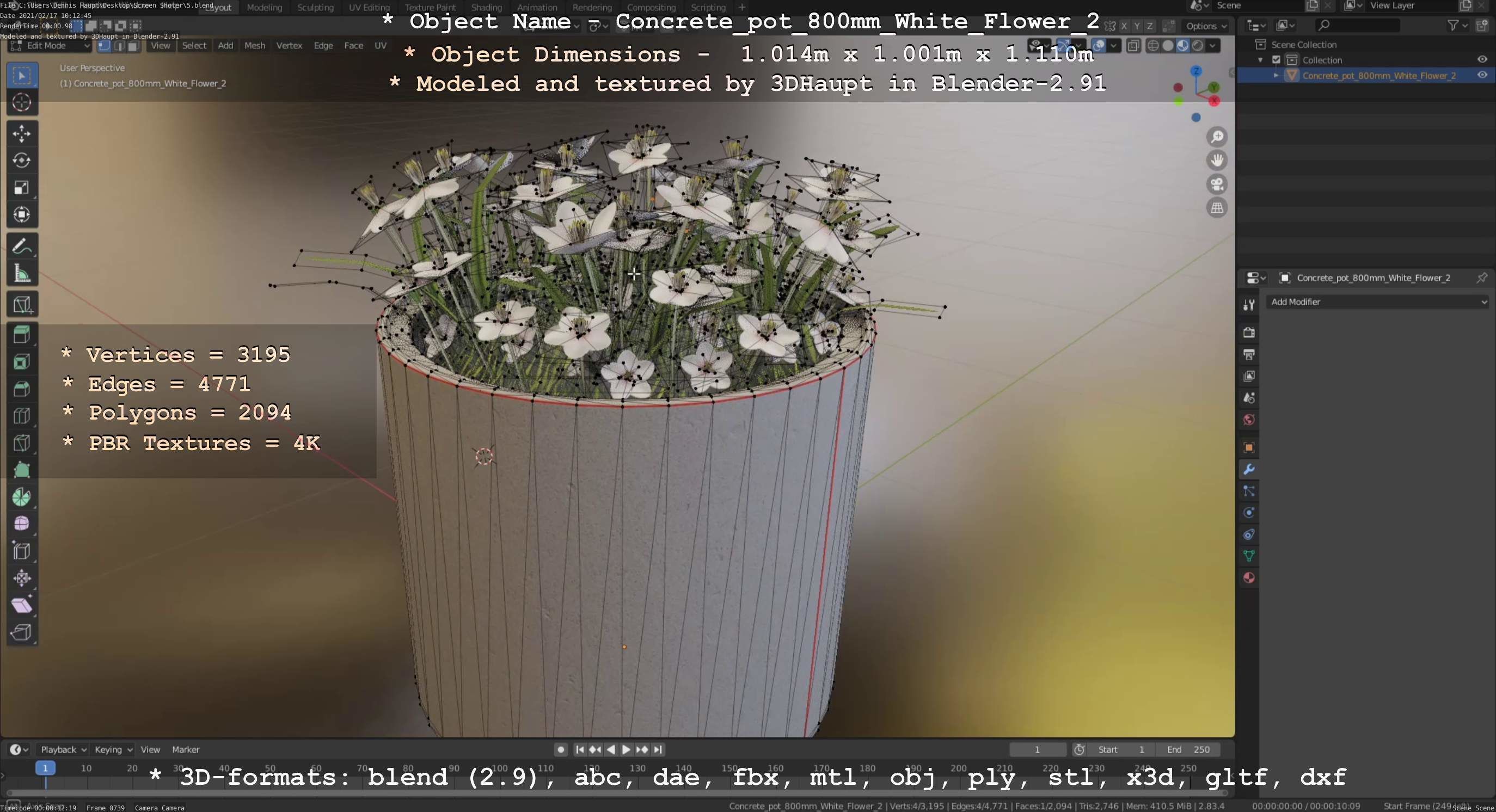 Concrete Pipe Pot 800mm with White Version 2 Low-poly 3D model_82