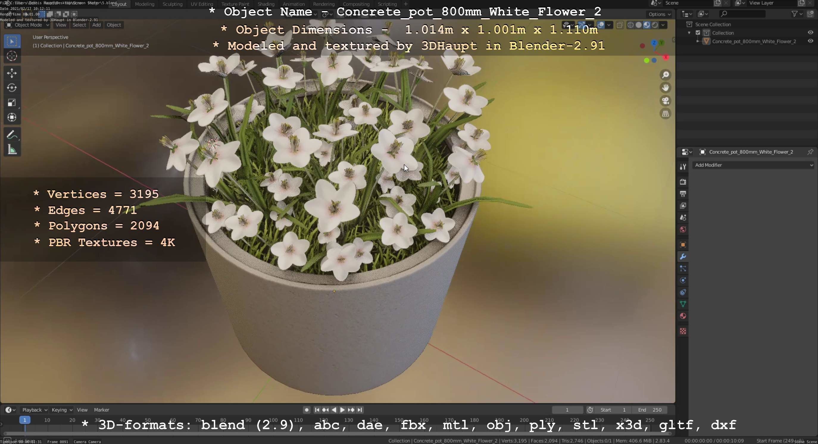 Concrete Pipe Pot 800mm with White Version 2 Low-poly 3D model_61