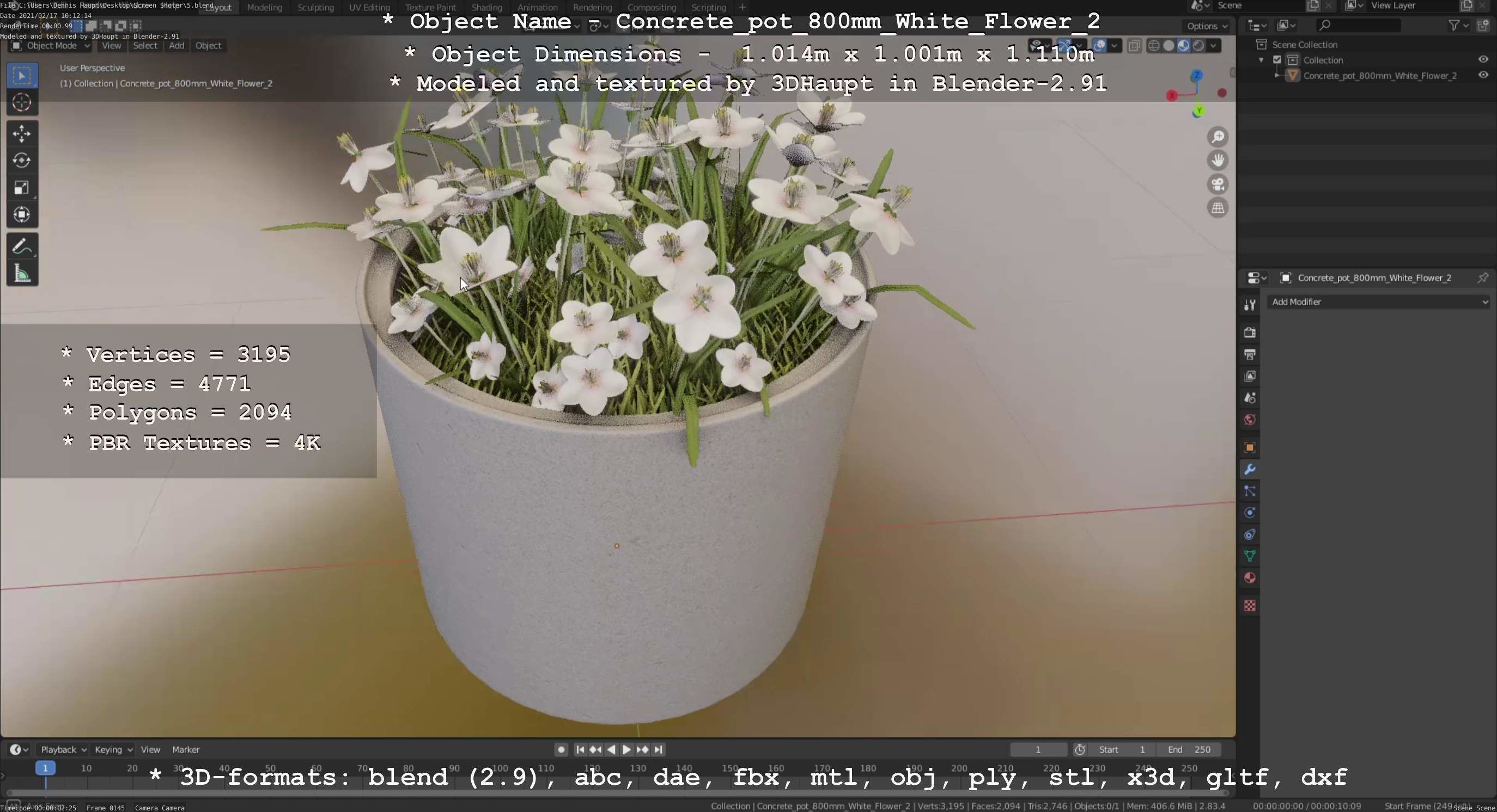 Concrete Pipe Pot 800mm with White Version 2 Low-poly 3D model_34