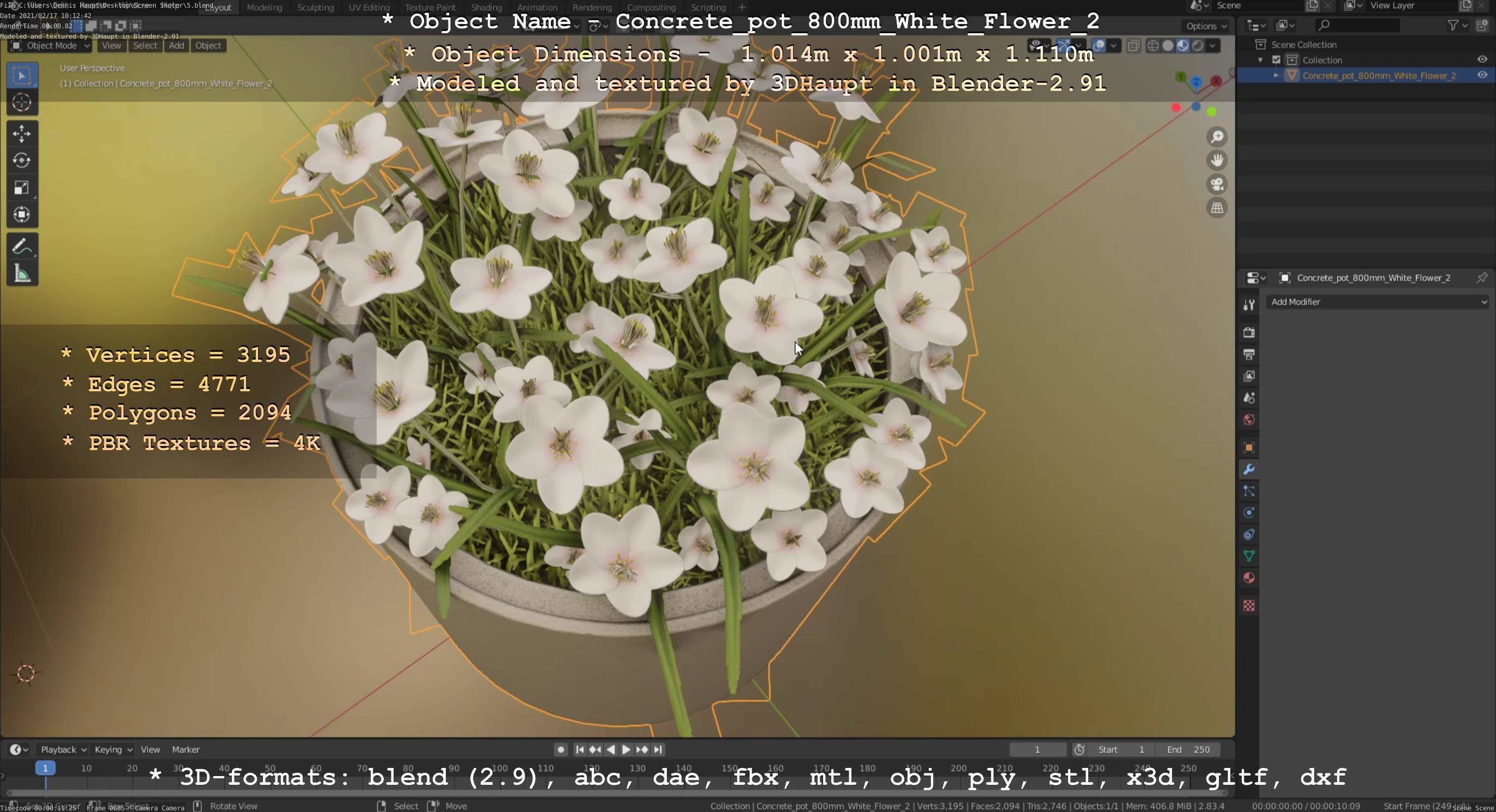 Concrete Pipe Pot 800mm with White Version 2 Low-poly 3D model_80