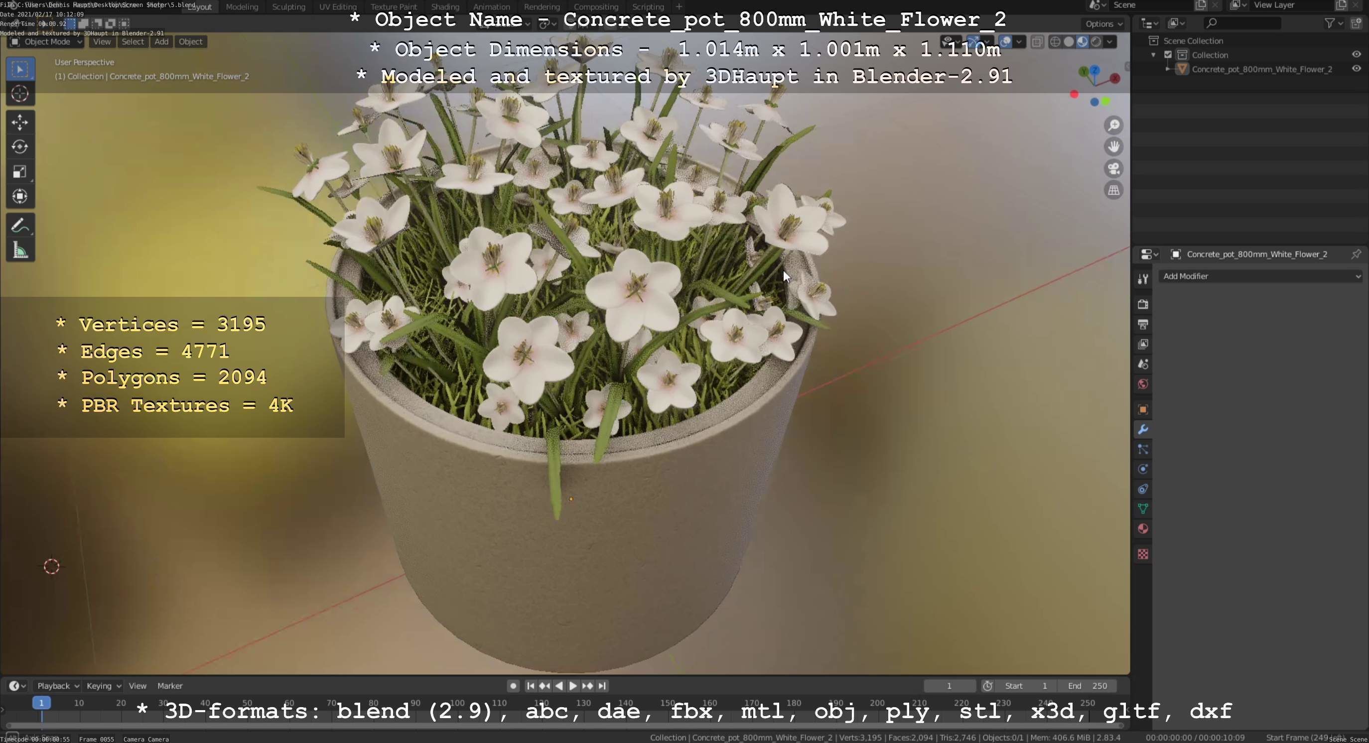 Concrete Pipe Pot 800mm with White Version 2 Low-poly 3D model_60