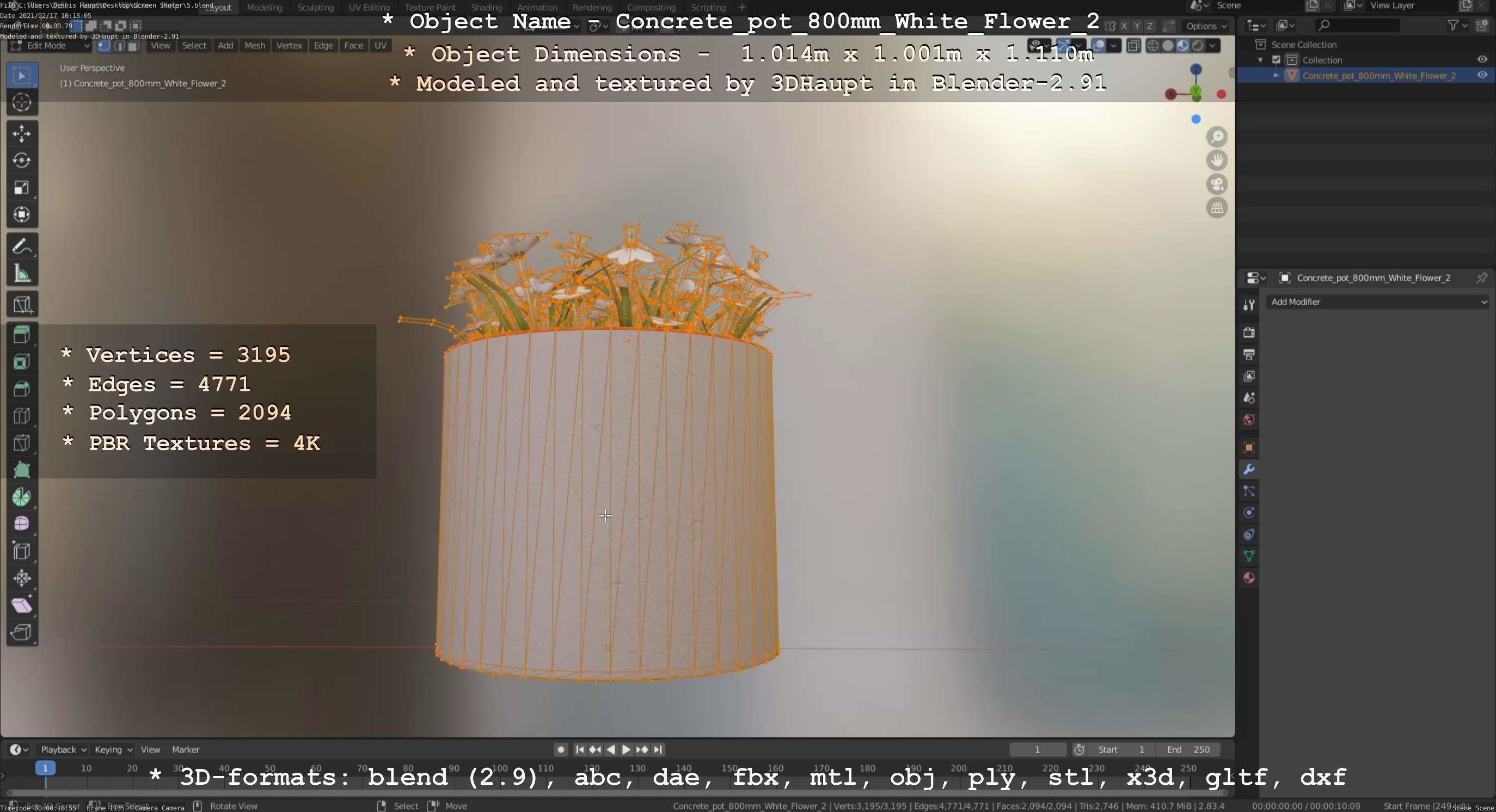 Concrete Pipe Pot 800mm with White Version 2 Low-poly 3D model_94