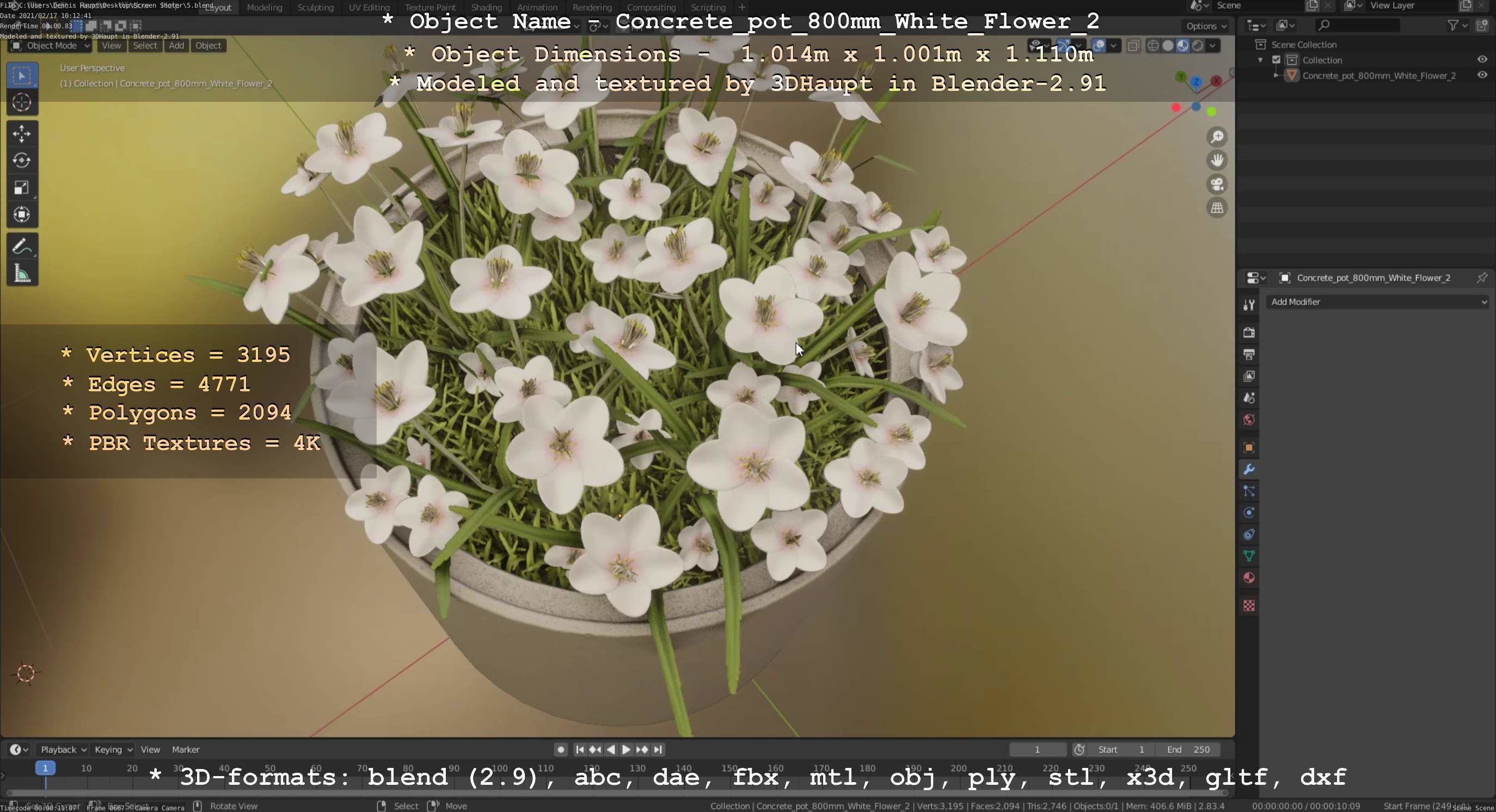 Concrete Pipe Pot 800mm with White Version 2 Low-poly 3D model_79
