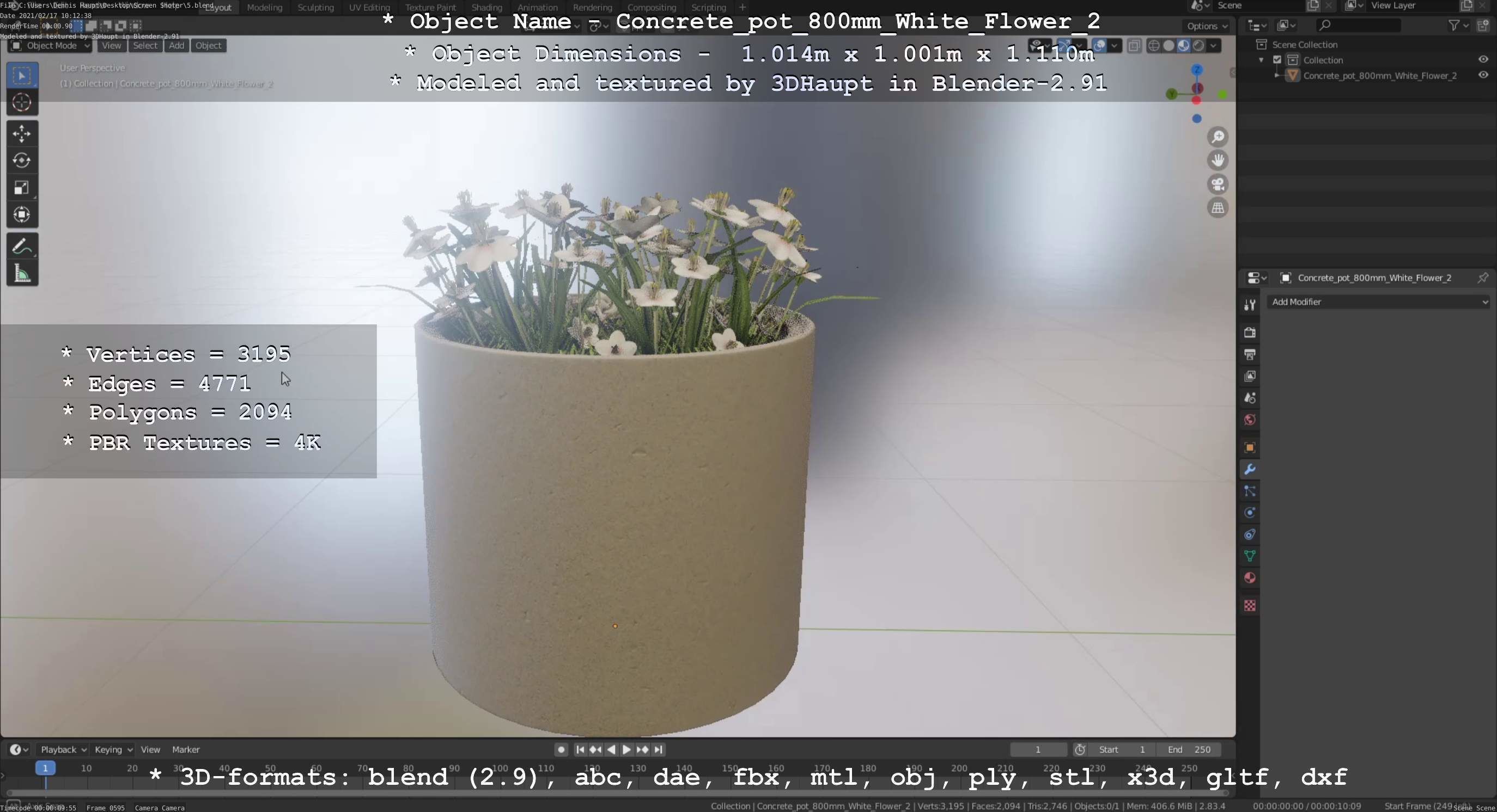 Concrete Pipe Pot 800mm with White Version 2 Low-poly 3D model_75