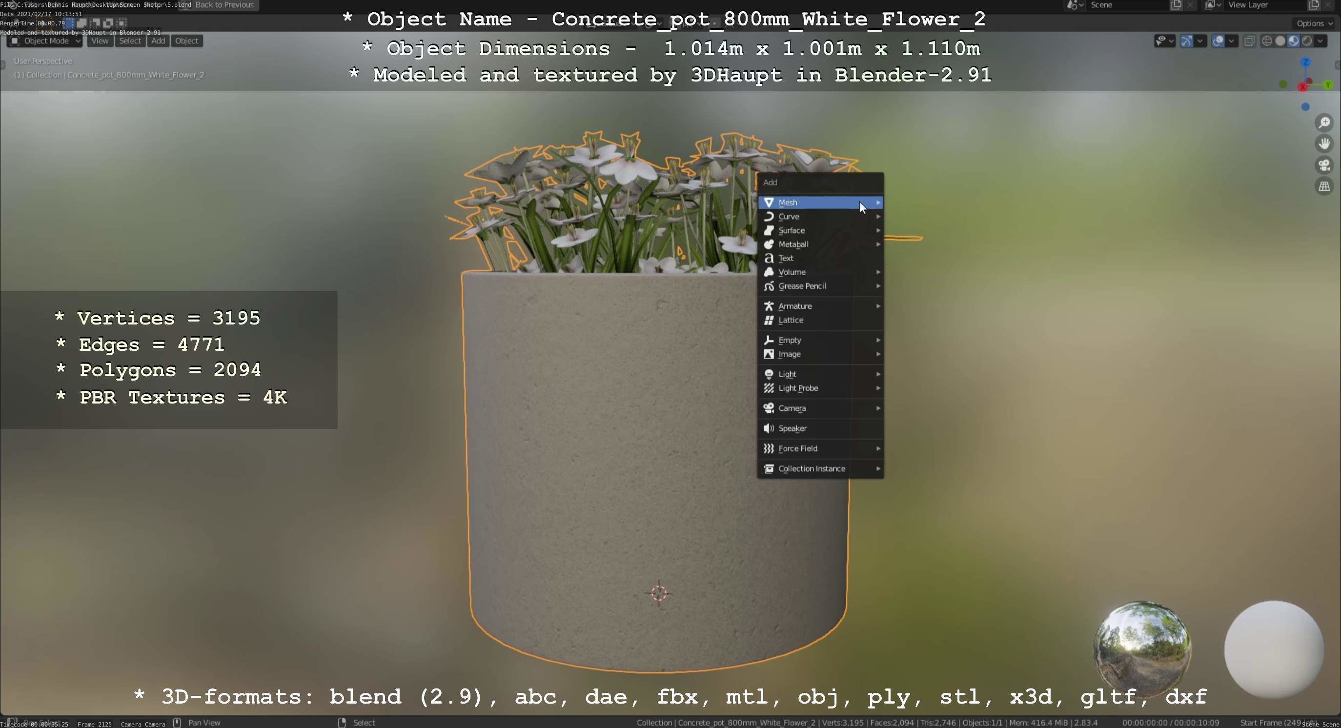 Concrete Pipe Pot 800mm with White Version 2 Low-poly 3D model_107