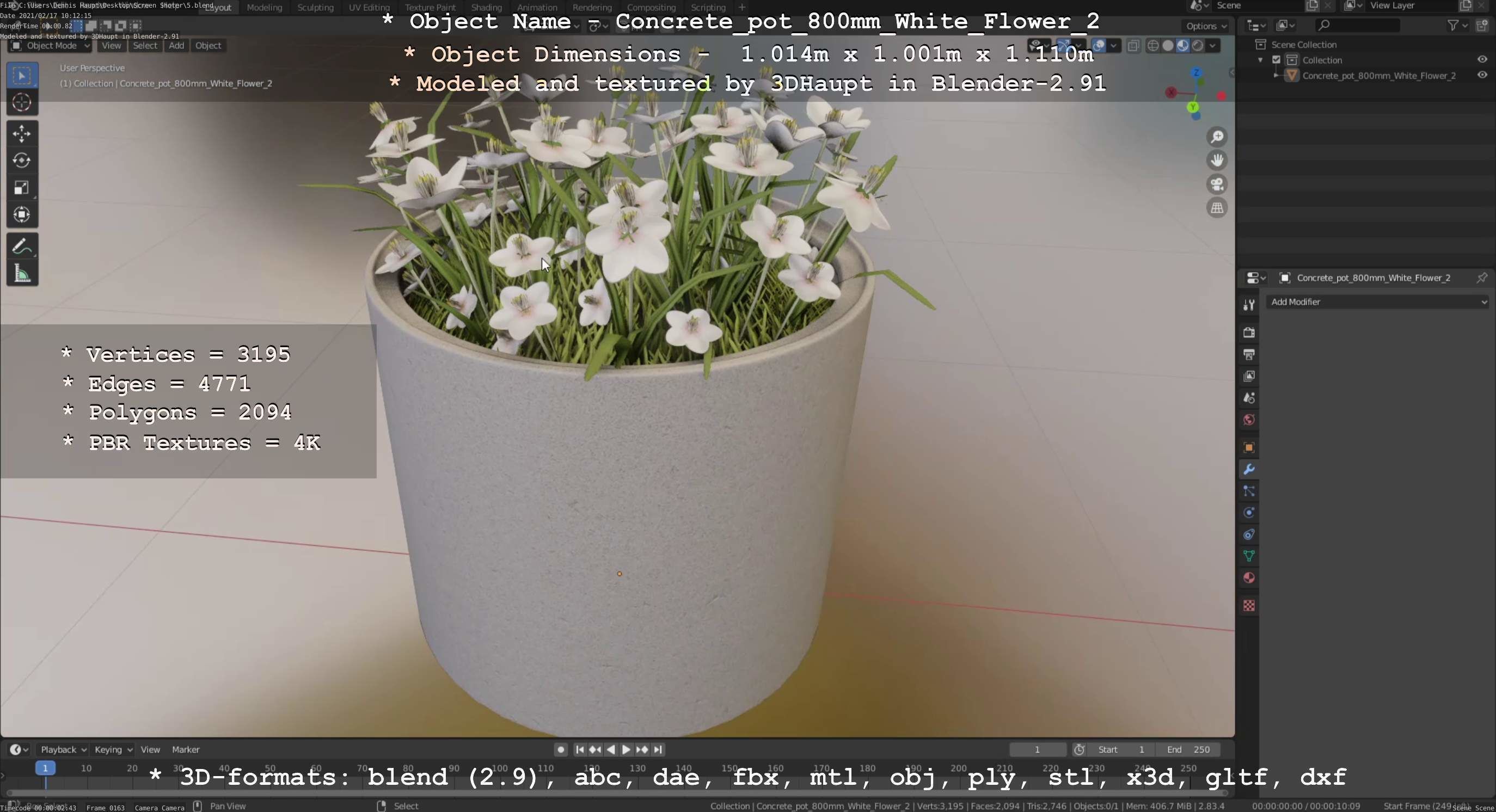 Concrete Pipe Pot 800mm with White Version 2 Low-poly 3D model_65