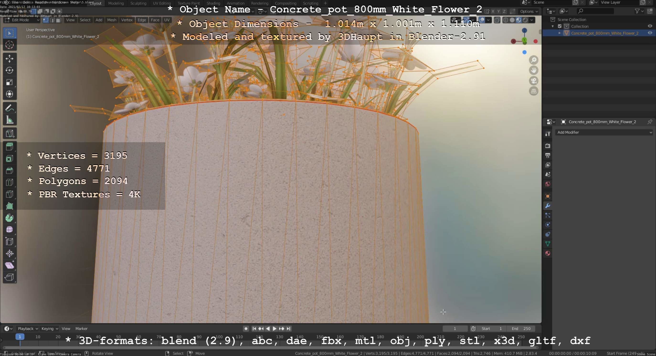 Concrete Pipe Pot 800mm with White Version 2 Low-poly 3D model_92