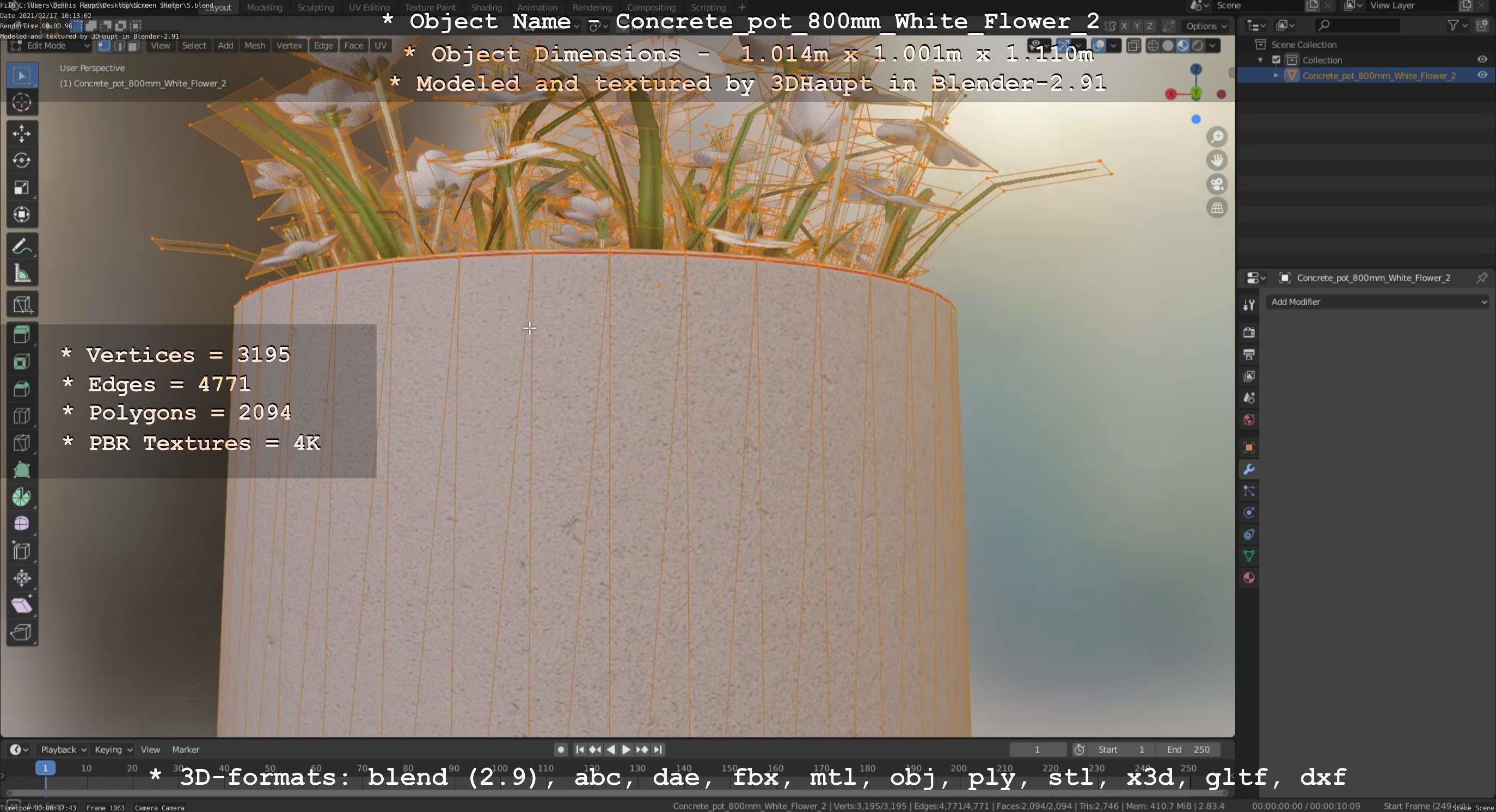 Concrete Pipe Pot 800mm with White Version 2 Low-poly 3D model_90