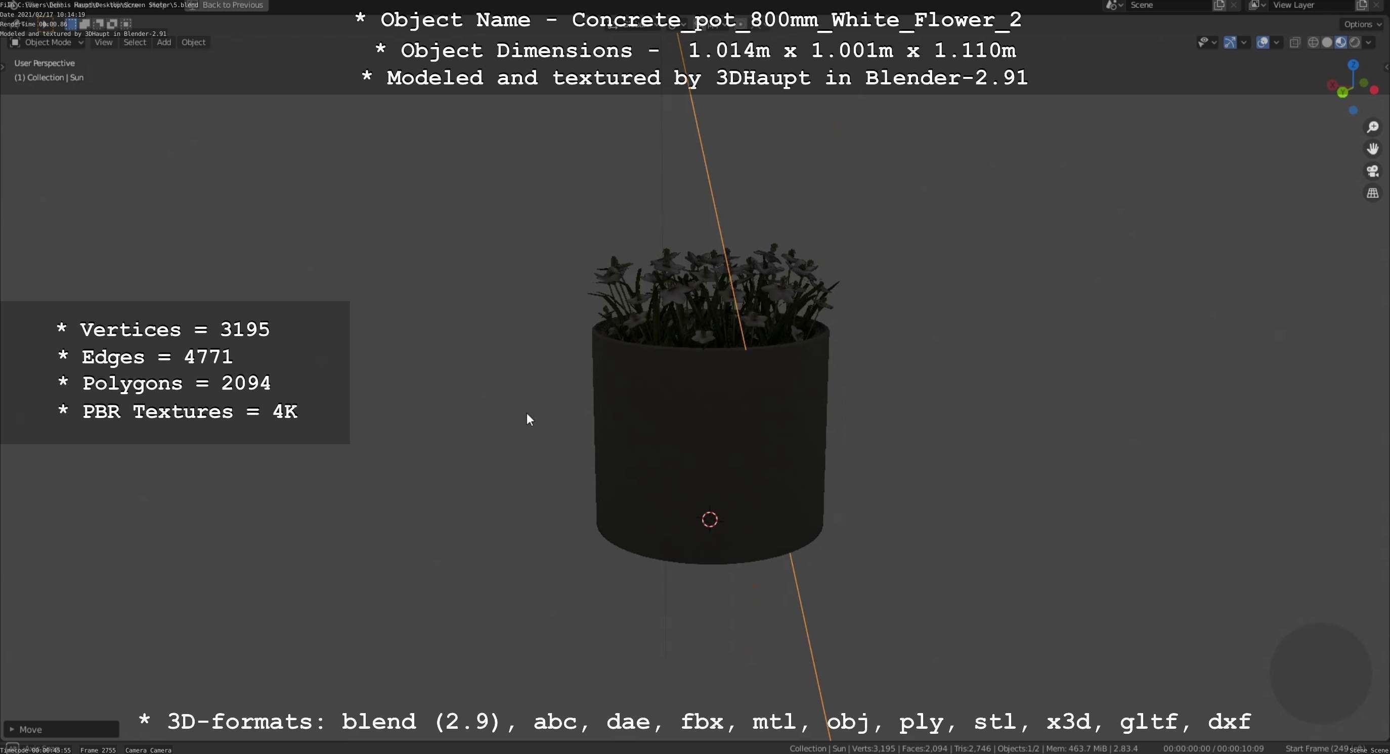 Concrete Pipe Pot 800mm with White Version 2 Low-poly 3D model_56