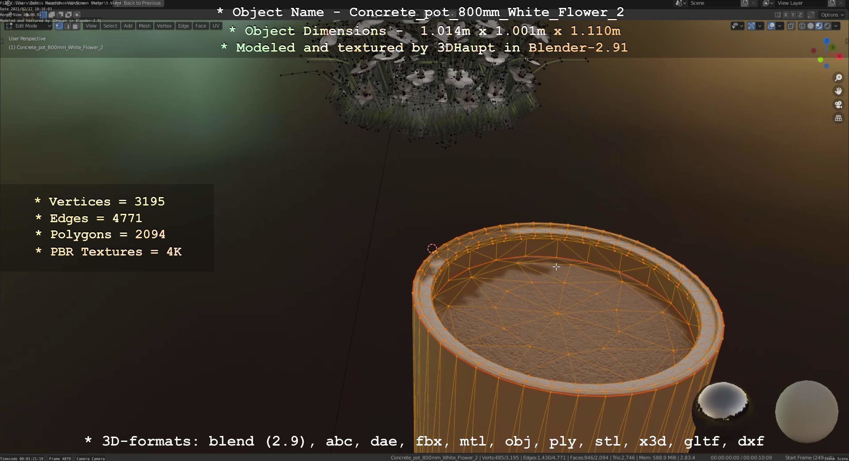 Concrete Pipe Pot 800mm with White Version 2 Low-poly 3D model_27