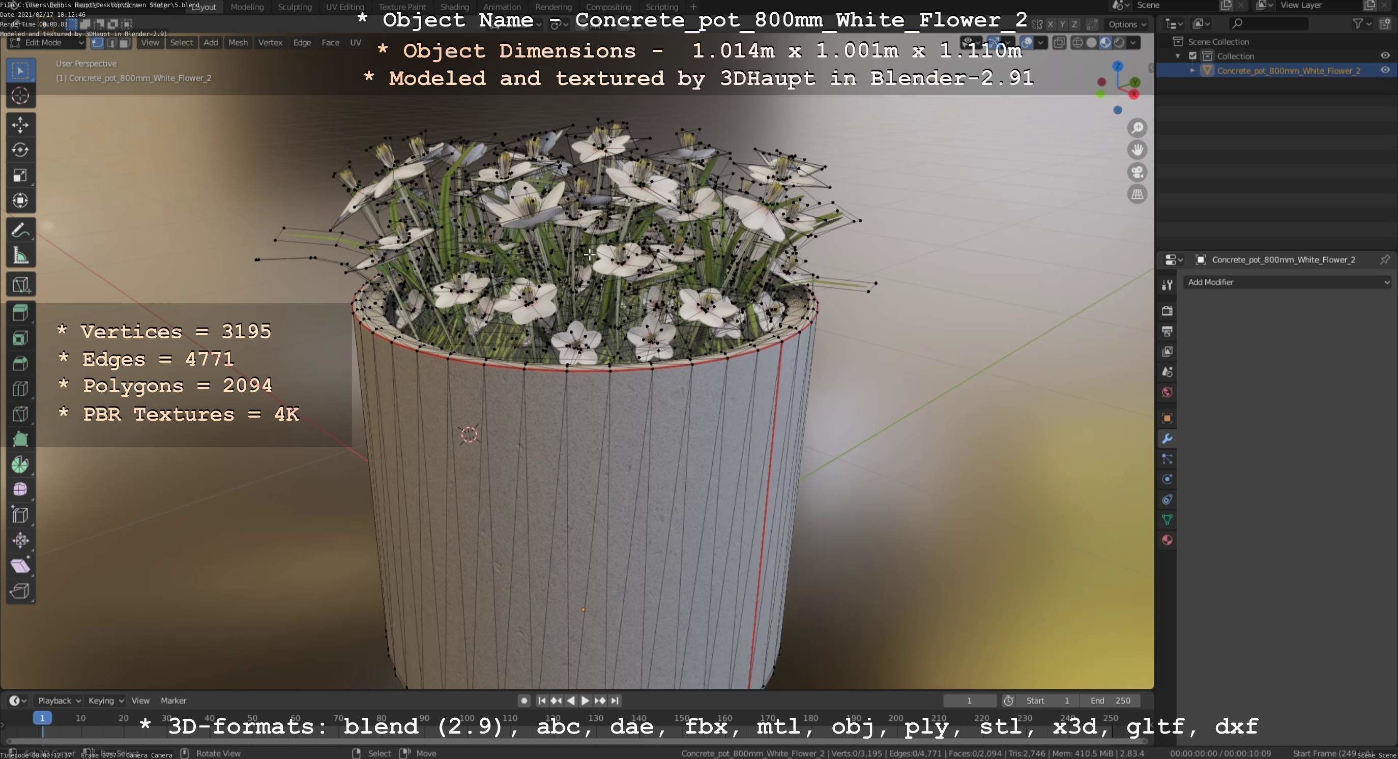 Concrete Pipe Pot 800mm with White Version 2 Low-poly 3D model_83
