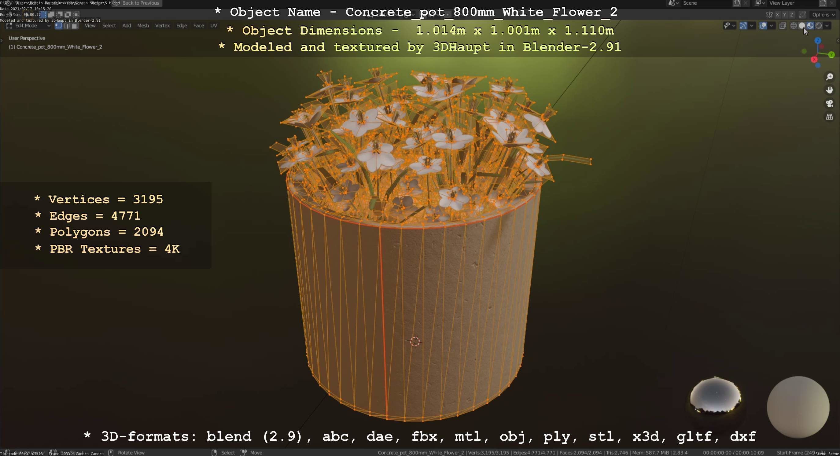 Concrete Pipe Pot 800mm with White Version 2 Low-poly 3D model_15