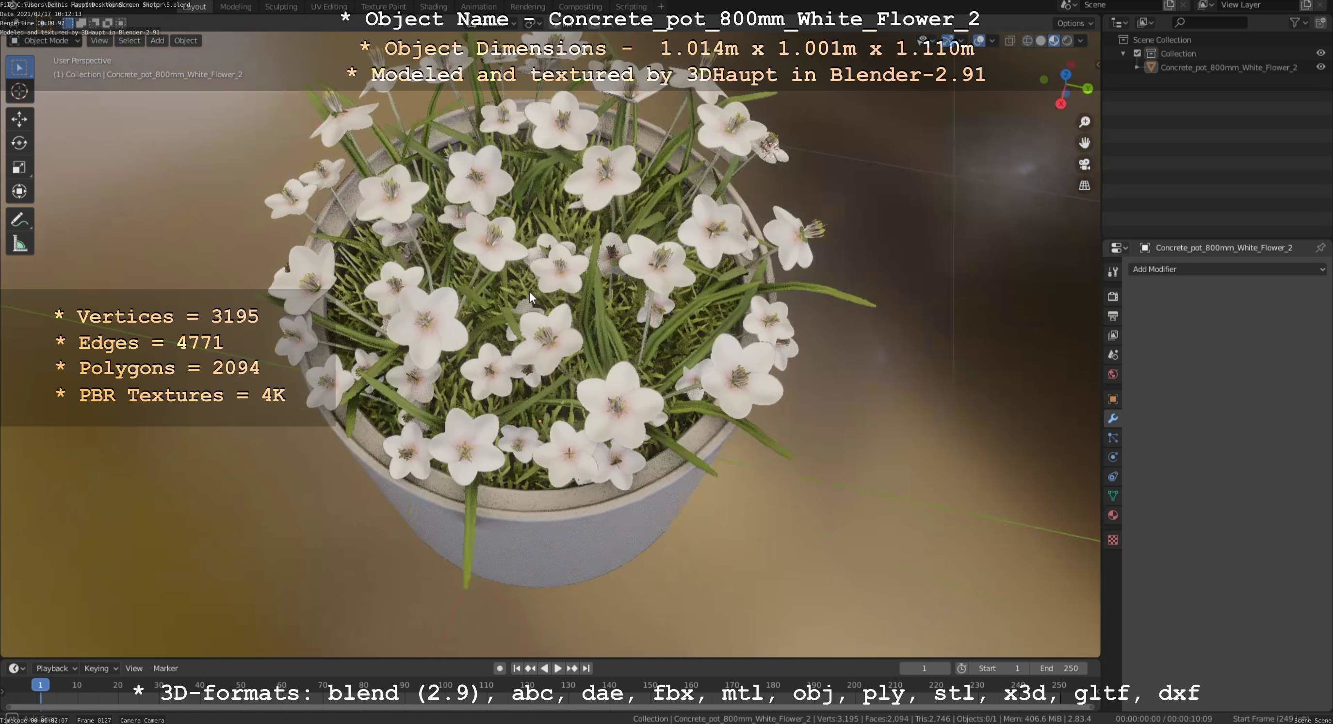 Concrete Pipe Pot 800mm with White Version 2 Low-poly 3D model_64