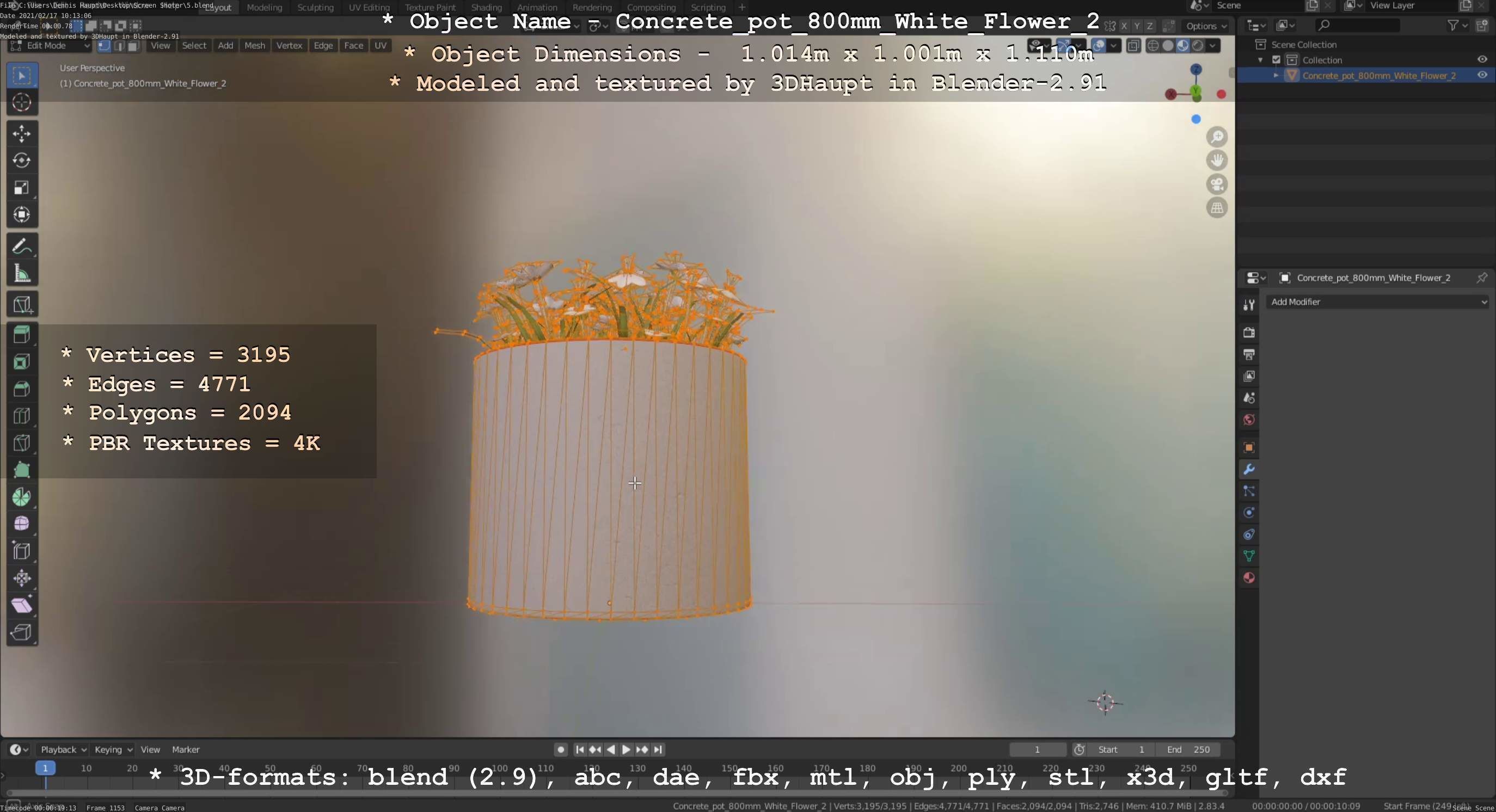 Concrete Pipe Pot 800mm with White Version 2 Low-poly 3D model_95