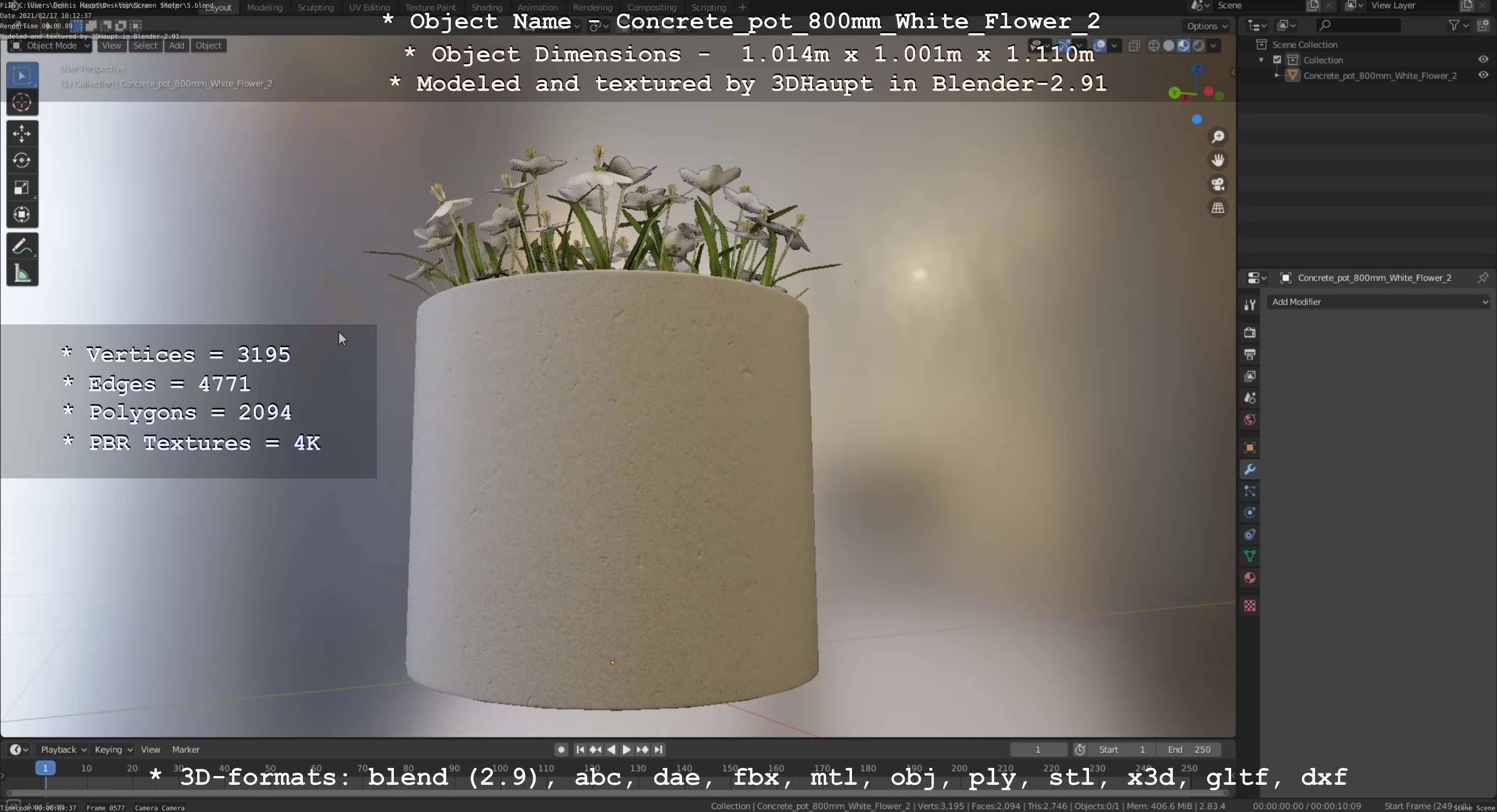 Concrete Pipe Pot 800mm with White Version 2 Low-poly 3D model_73
