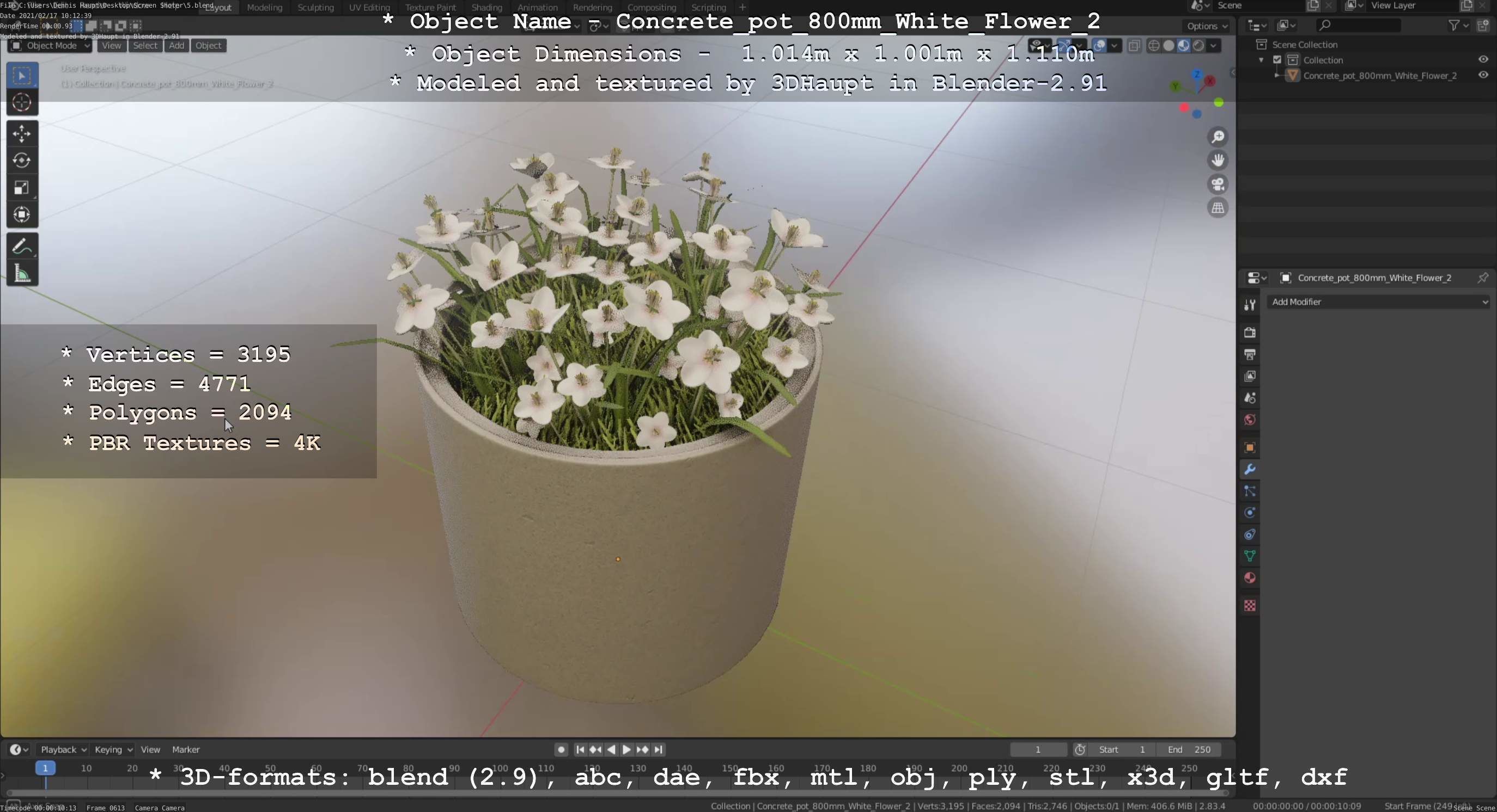 Concrete Pipe Pot 800mm with White Version 2 Low-poly 3D model_76