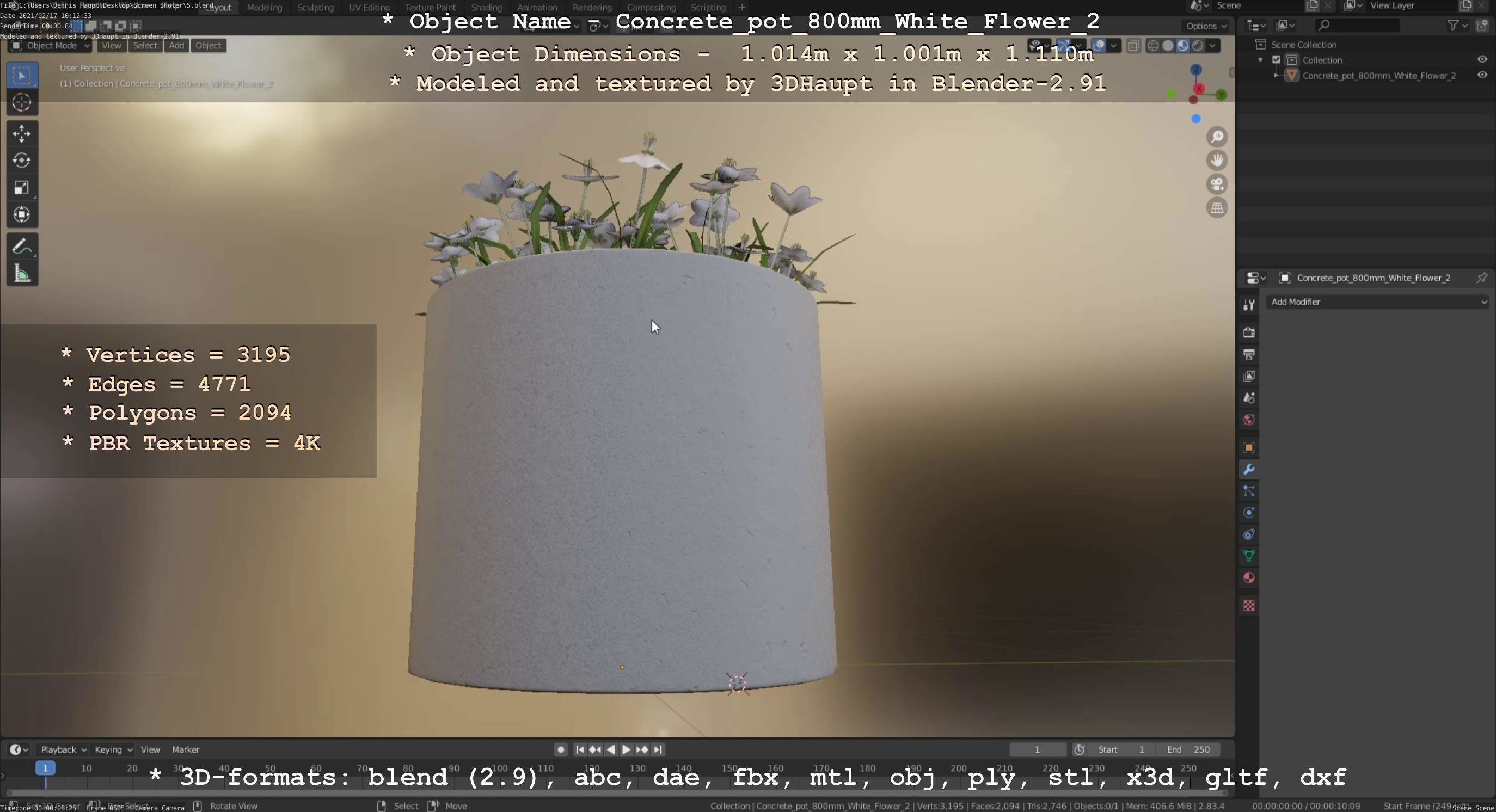 Concrete Pipe Pot 800mm with White Version 2 Low-poly 3D model_70
