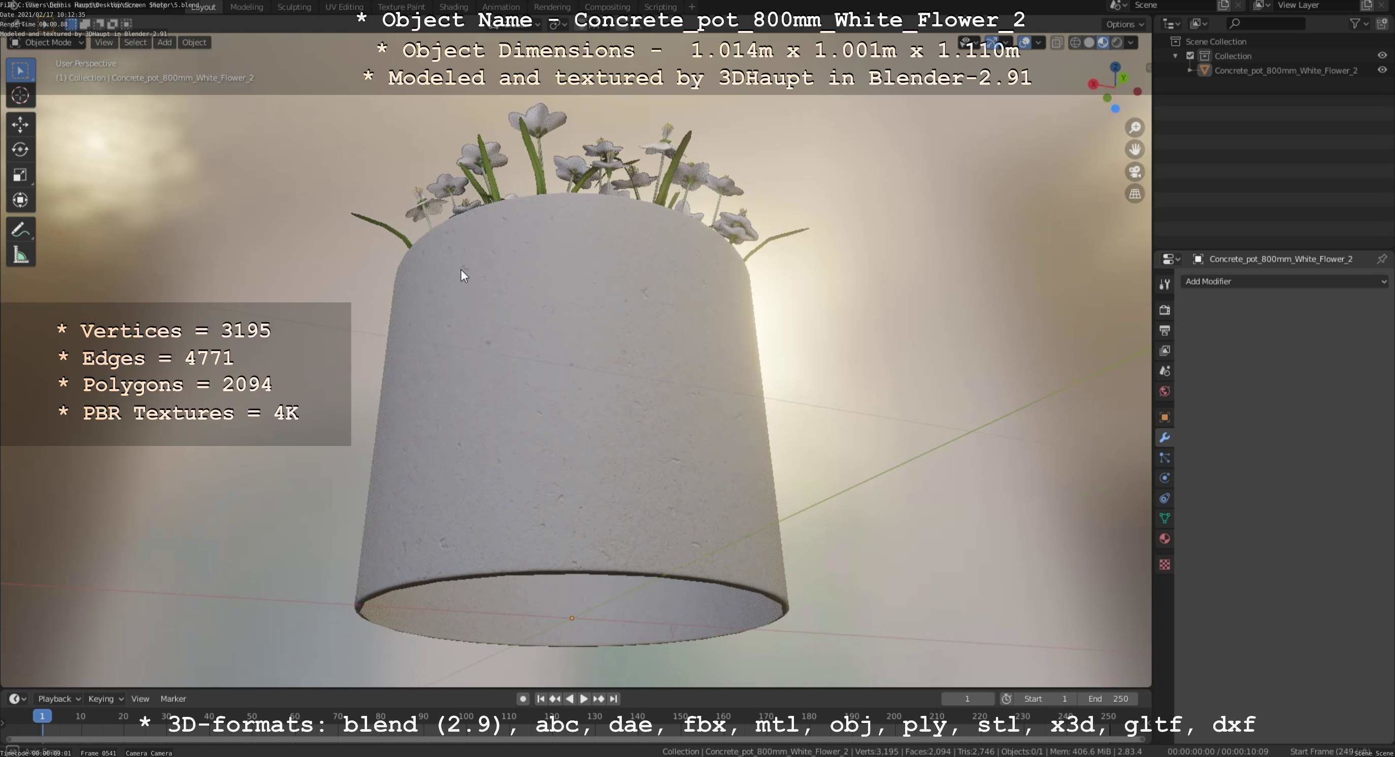 Concrete Pipe Pot 800mm with White Version 2 Low-poly 3D model_72