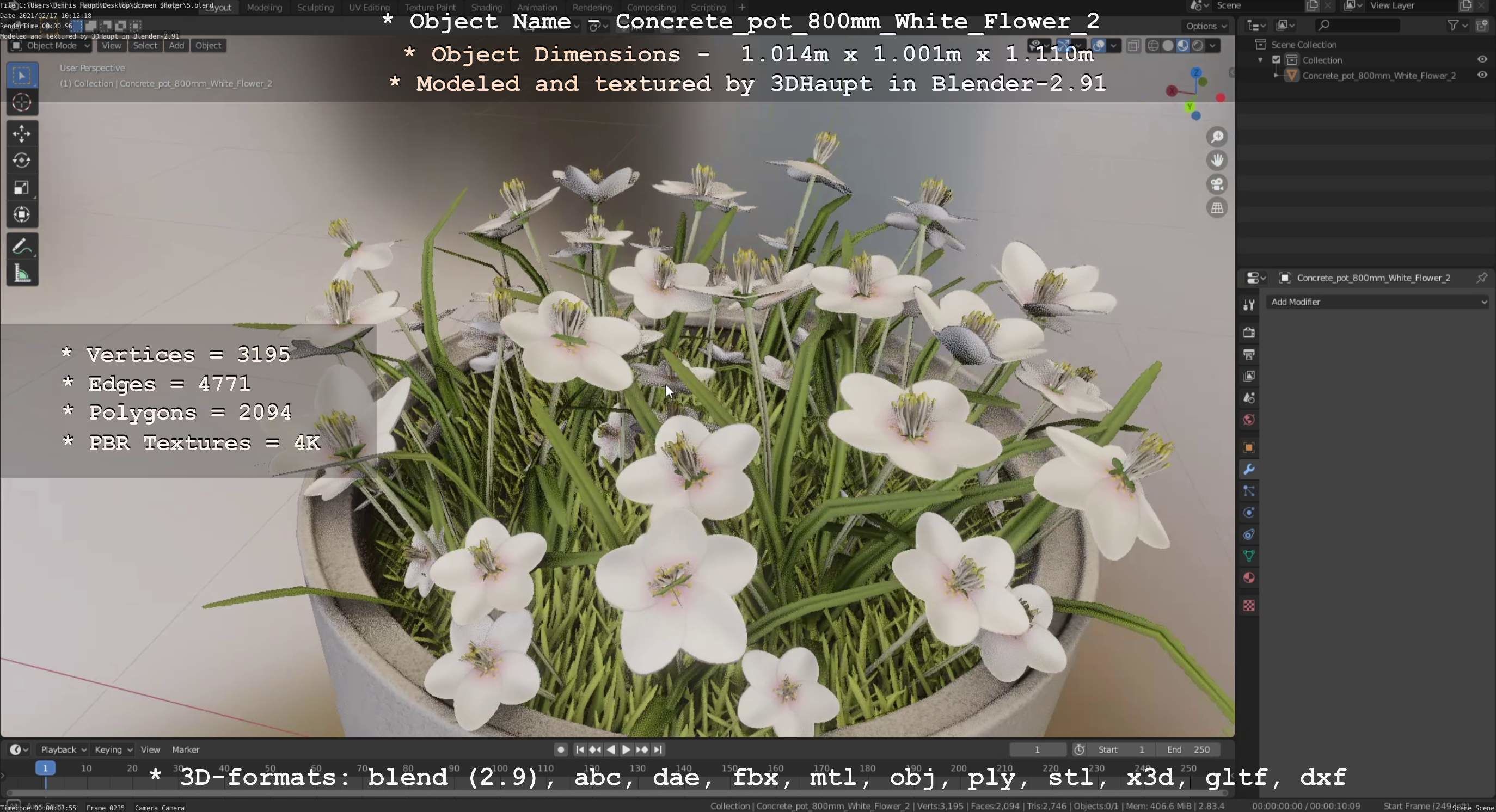 Concrete Pipe Pot 800mm with White Version 2 Low-poly 3D model_68