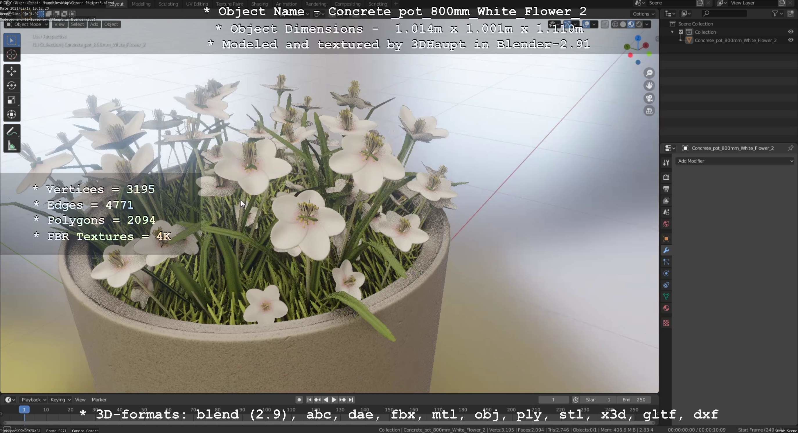 Concrete Pipe Pot 800mm with White Version 2 Low-poly 3D model_69