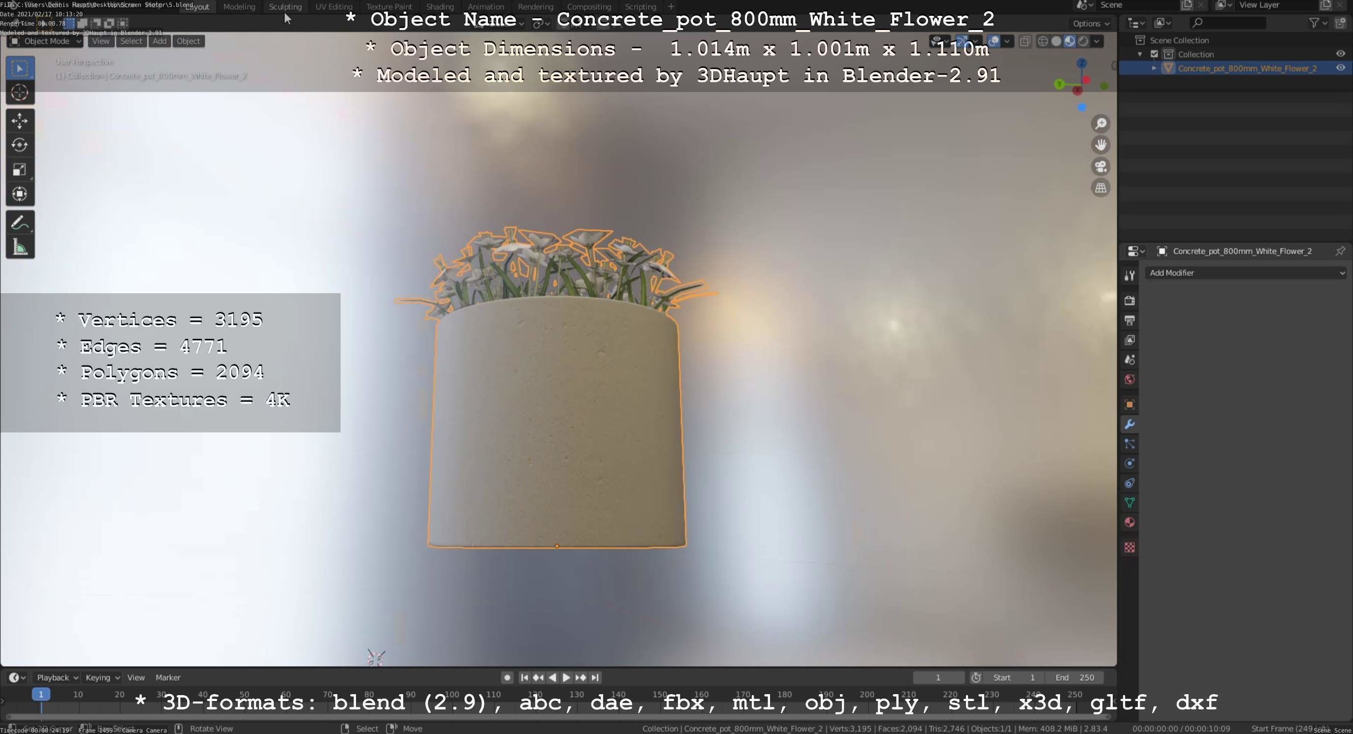 Concrete Pipe Pot 800mm with White Version 2 Low-poly 3D model_4