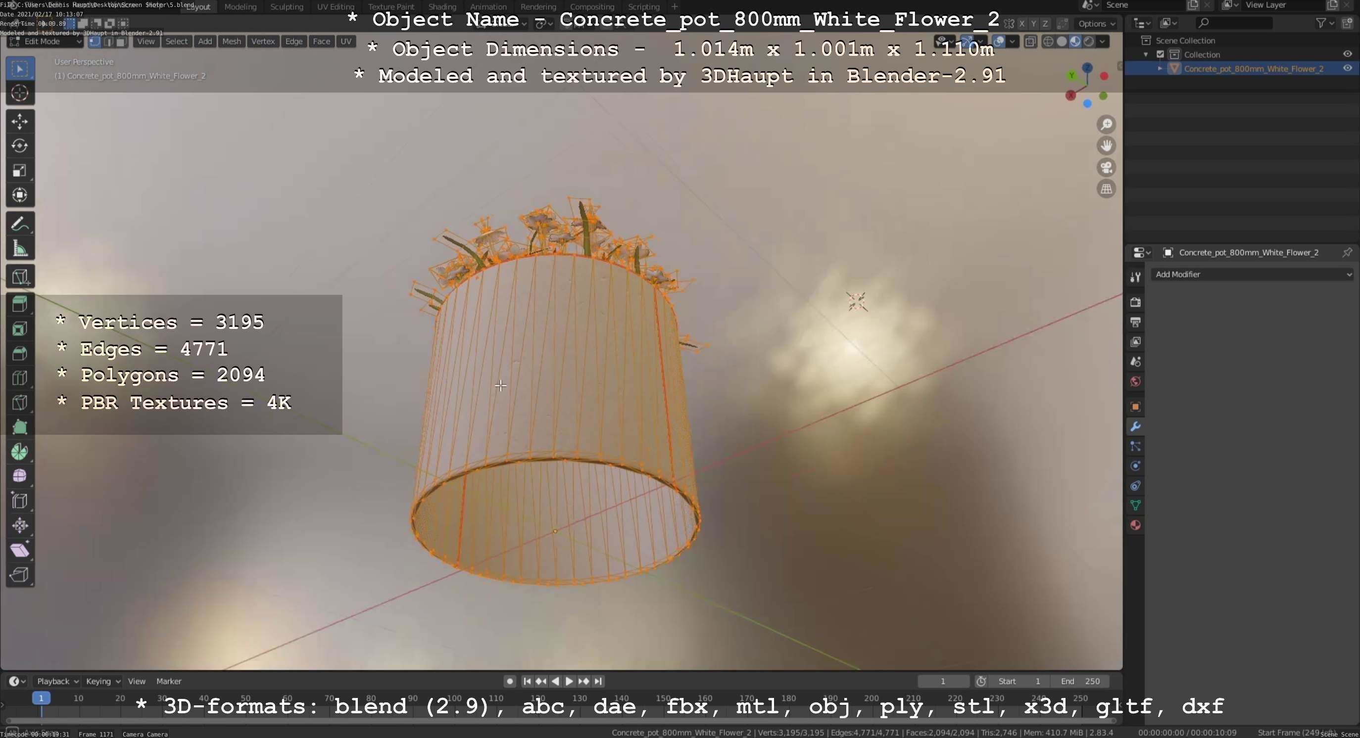 Concrete Pipe Pot 800mm with White Version 2 Low-poly 3D model_97