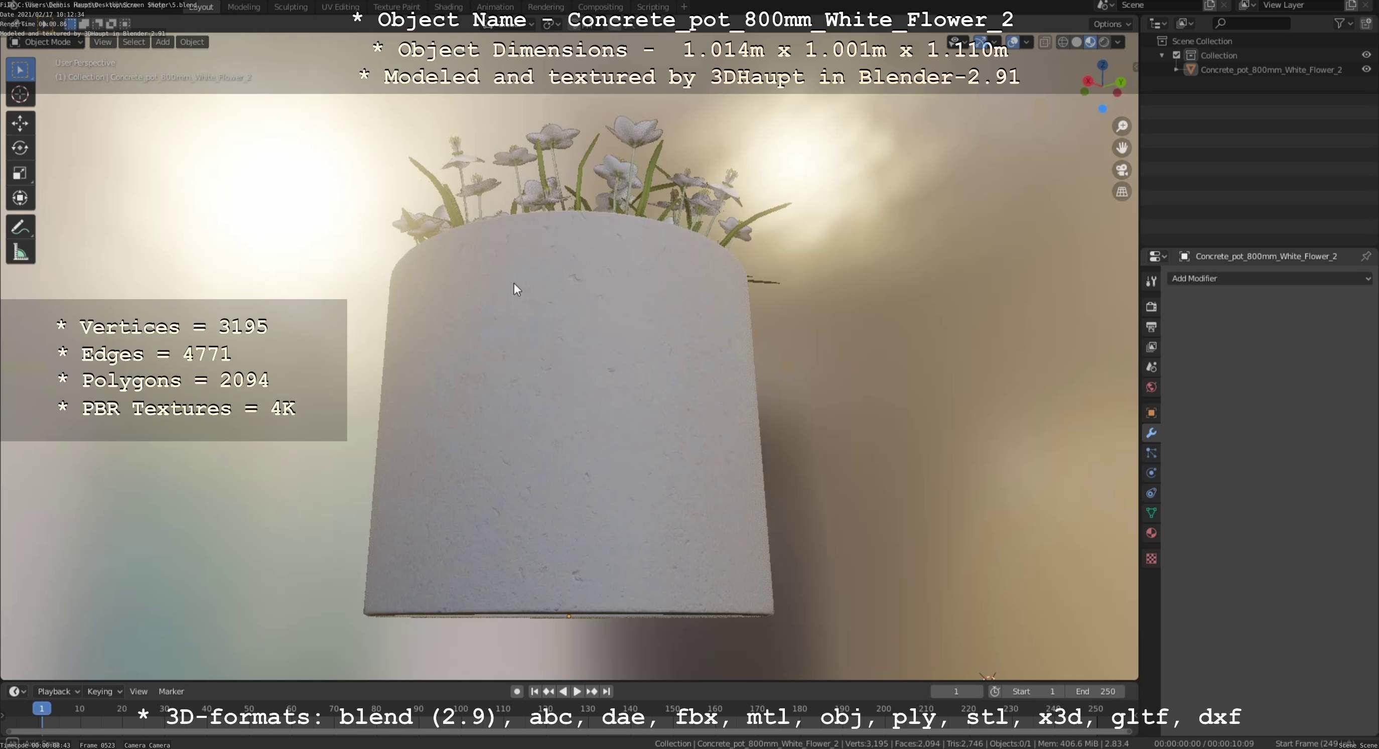 Concrete Pipe Pot 800mm with White Version 2 Low-poly 3D model_71
