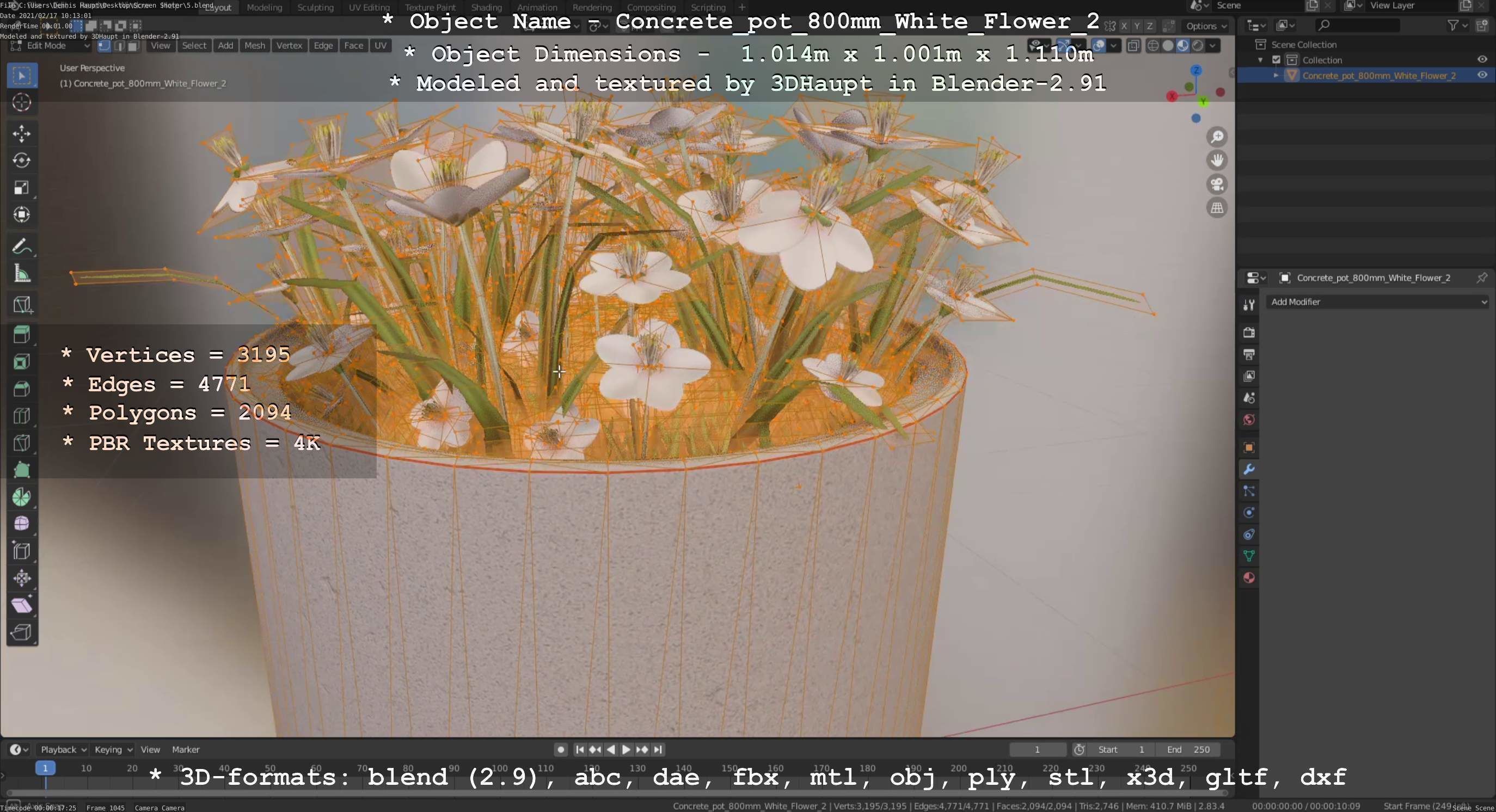 Concrete Pipe Pot 800mm with White Version 2 Low-poly 3D model_89