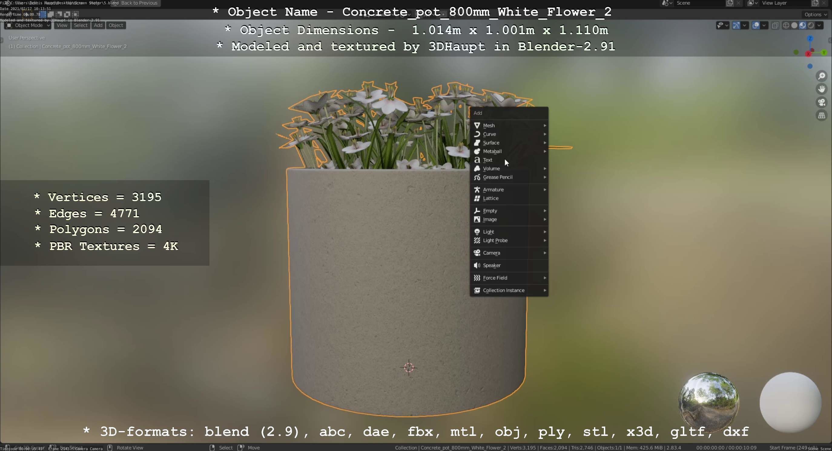 Concrete Pipe Pot 800mm with White Version 2 Low-poly 3D model_118